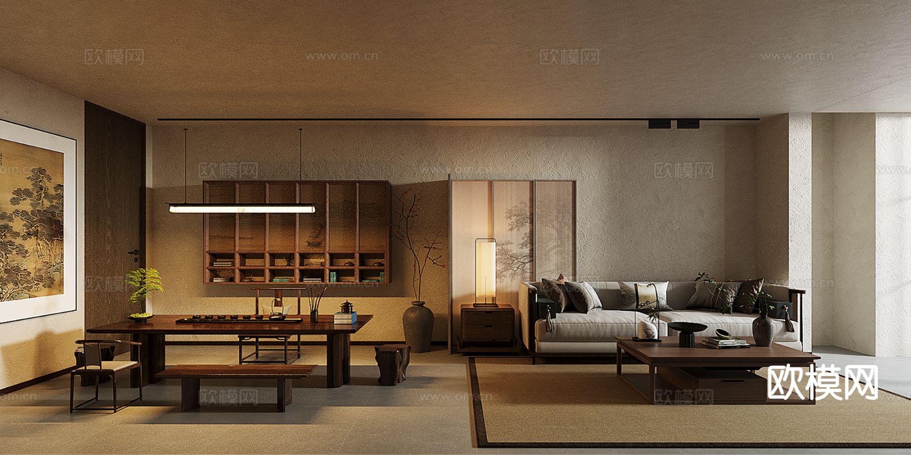 新中式茶室su模型下载（渲染图2）