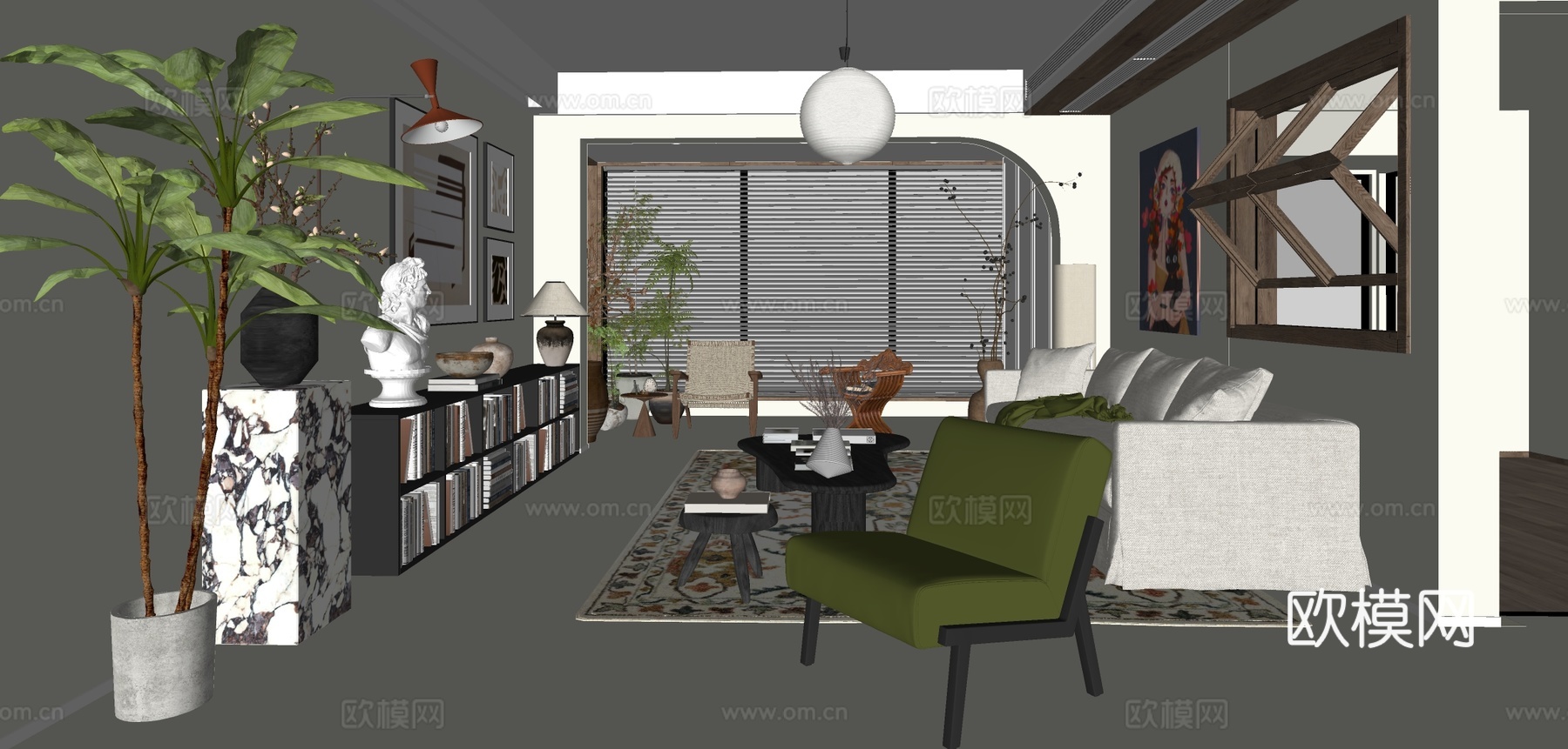中古风客厅su模型下载（渲染图1）