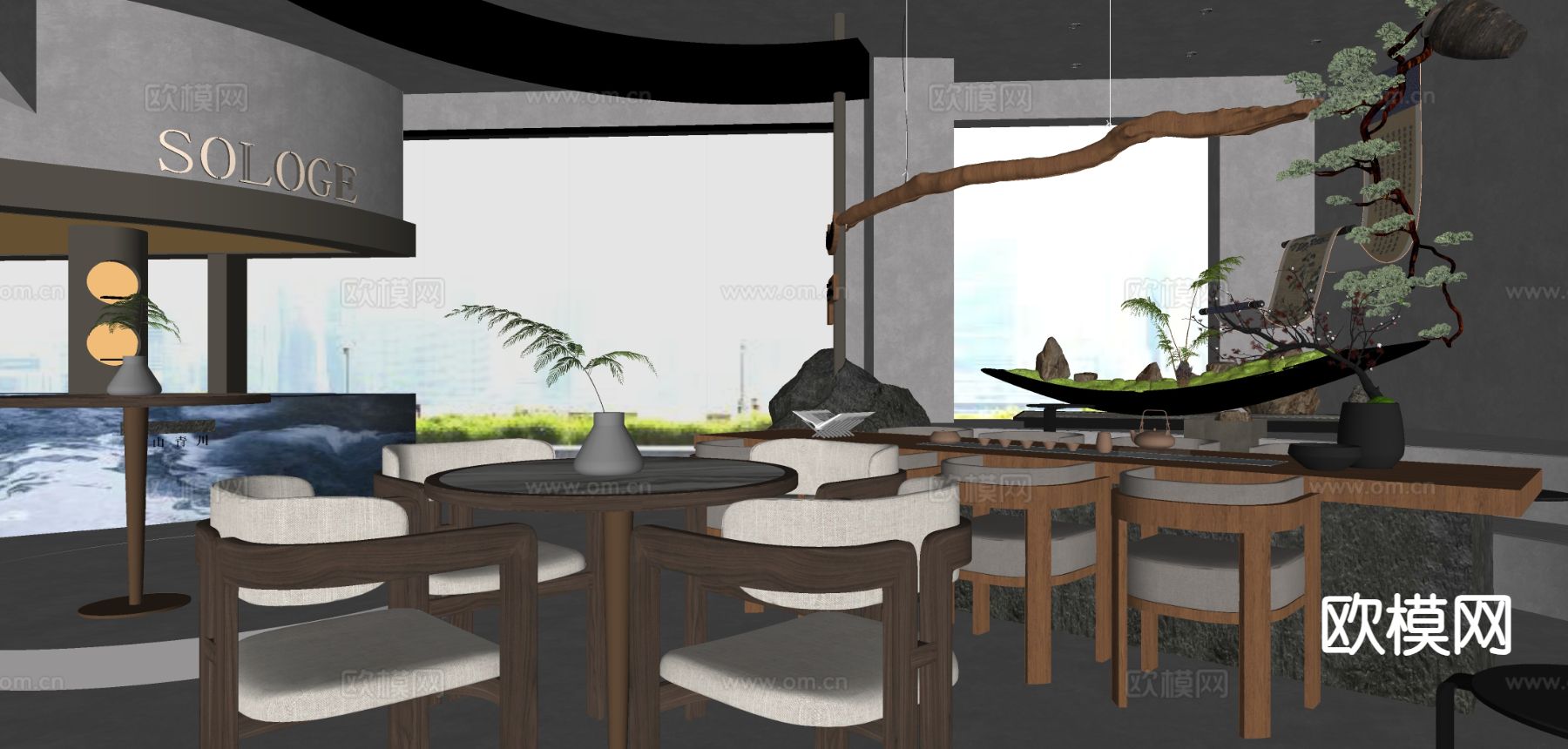 新中式茶馆 会所茶室su模型下载（渲染图1）