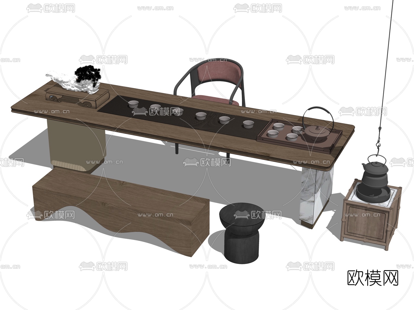 新中式实木茶桌椅su模型