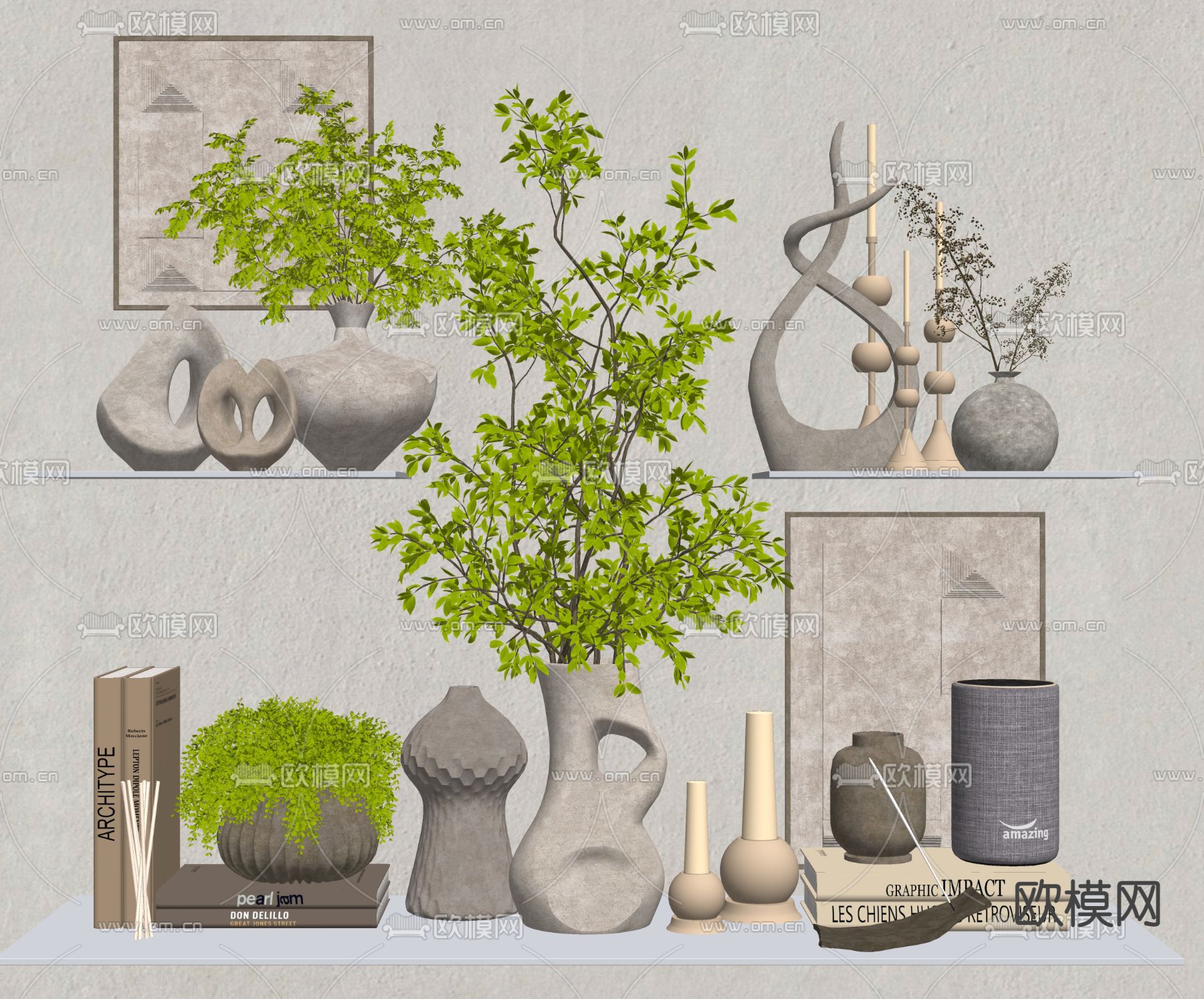 侘寂烛台书籍花瓶摆件su模型