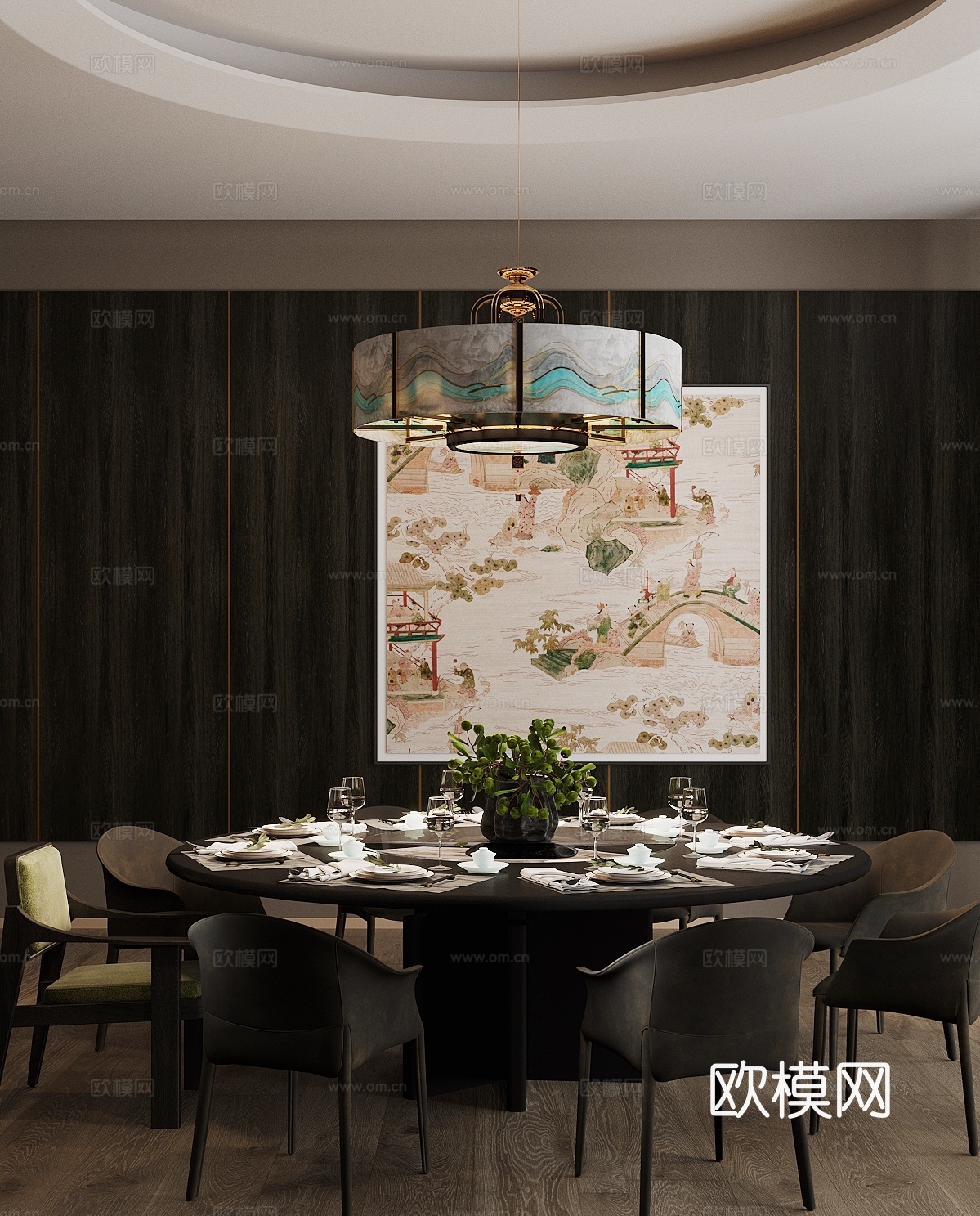 新中式餐厅包厢su模型下载（渲染图2）