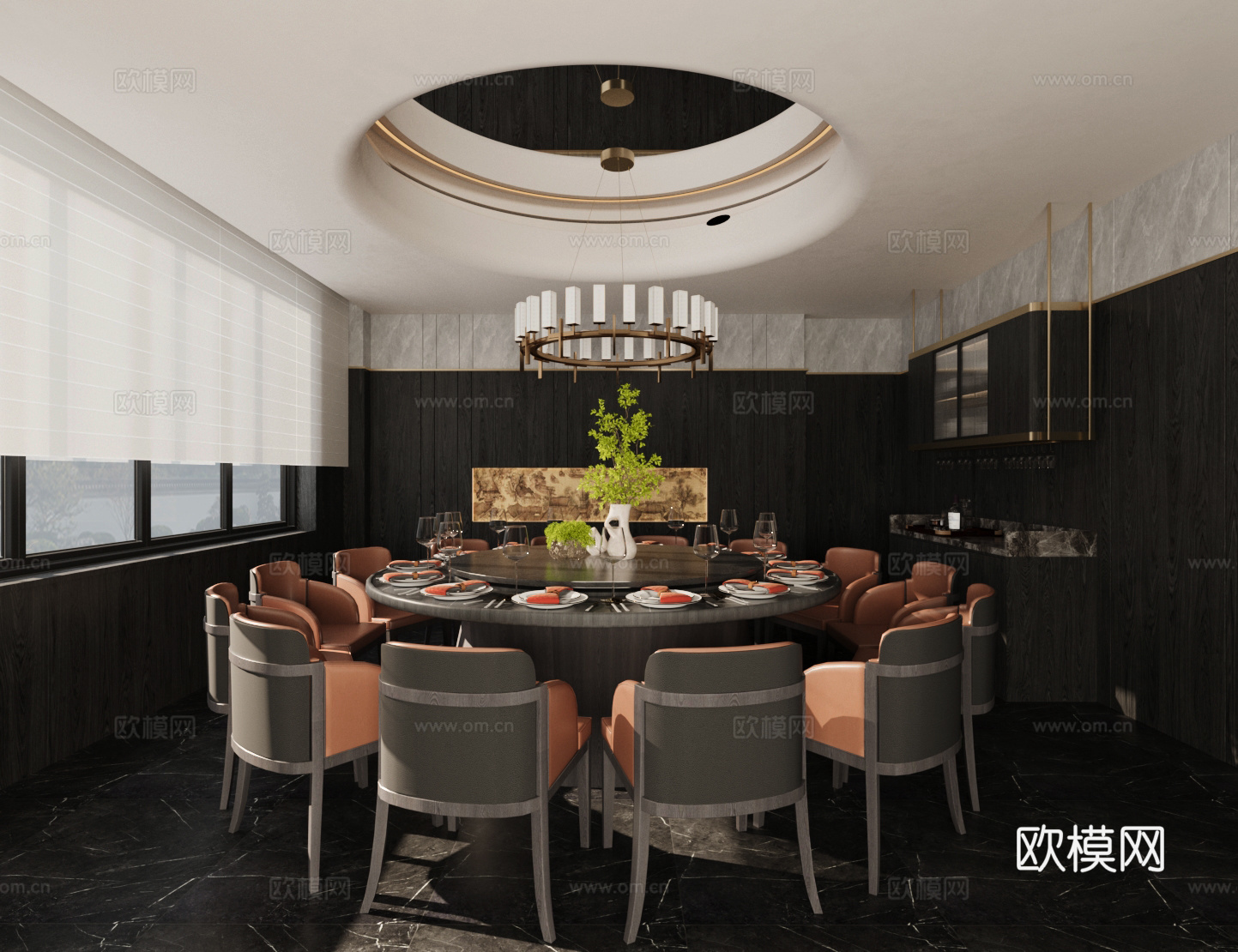 新中式包厢 新中式餐厅包厢 包间 餐桌椅组合 吊灯su模型下载（渲染图1）