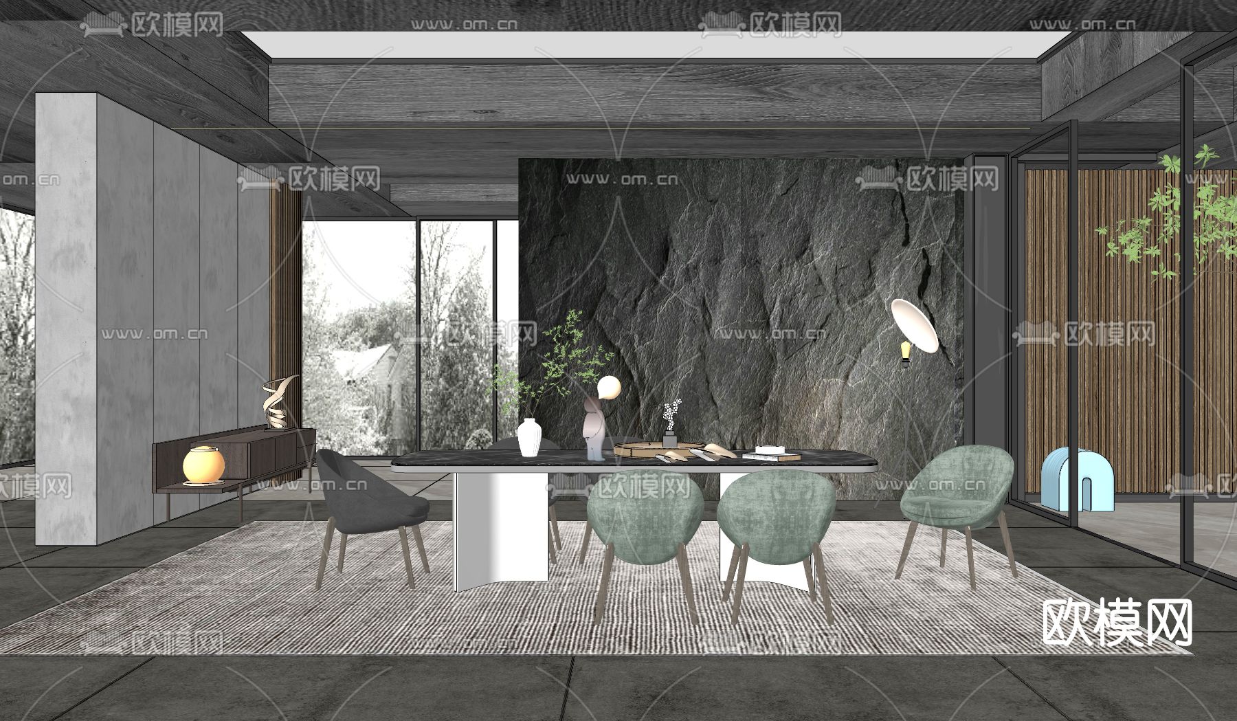 现代大理石餐桌椅su模型下载（渲染图2）