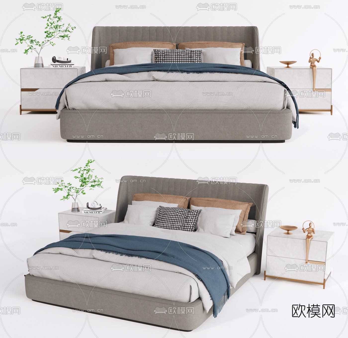 现代布艺双人床su模型