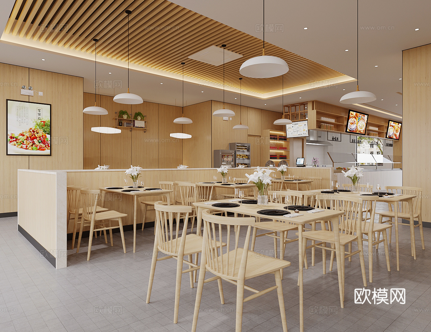 原木风茶餐厅 中餐厅 面馆su模型下载（渲染图2）
