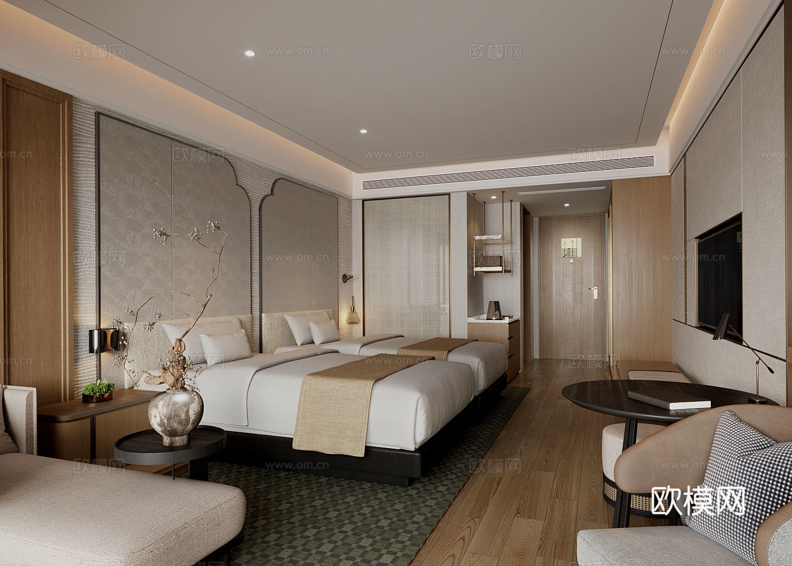新中式酒店 酒店客房 酒店双人间su模型下载（渲染图1）