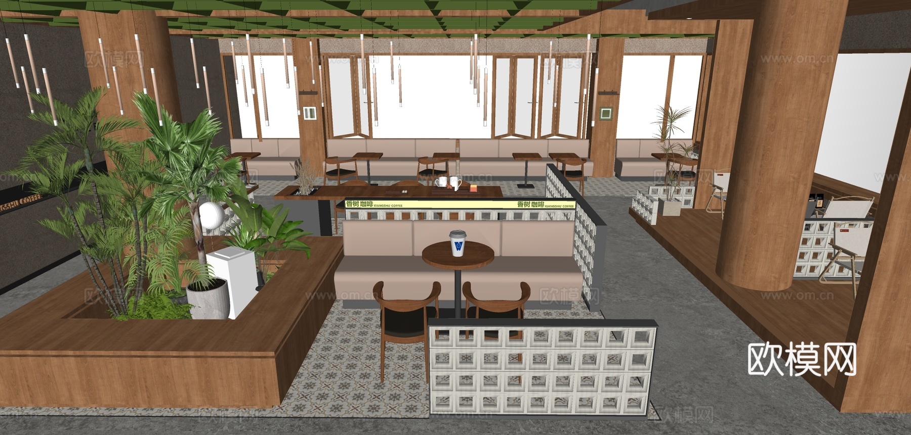 原木风咖啡厅 原木风茶餐厅 茶室 原木风奶茶店 咖啡厅卡座区su模型下载（渲染图2）