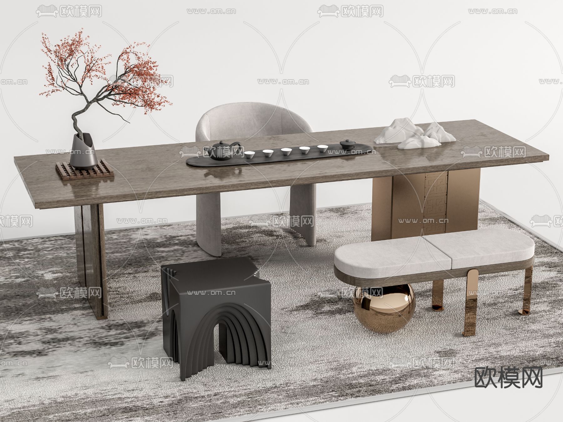 新中式茶桌椅su模型