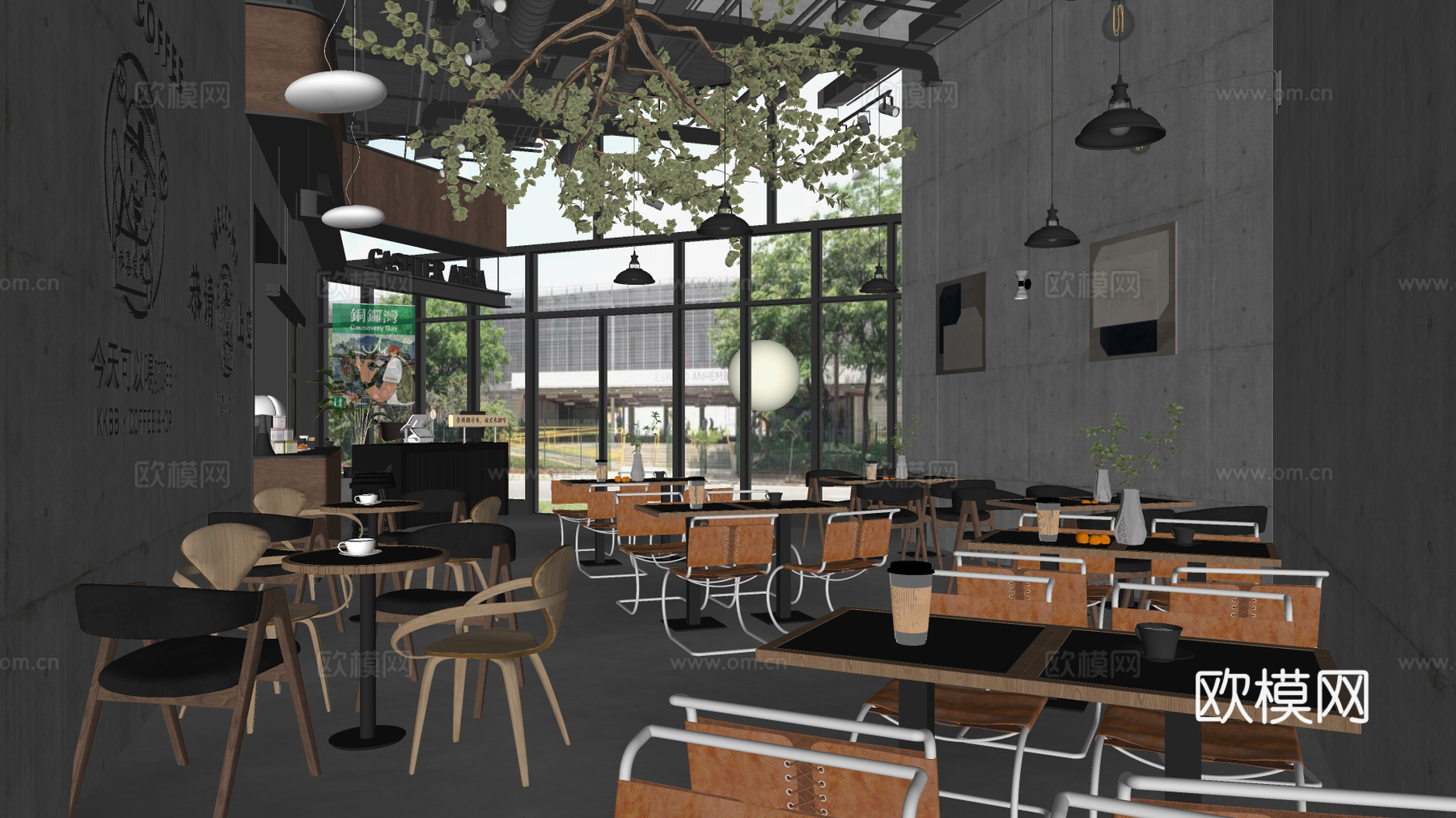 工业风咖啡厅 茶餐厅 快餐厅 奶茶店 西餐厅 咖啡桌椅su模型下载（渲染图3）