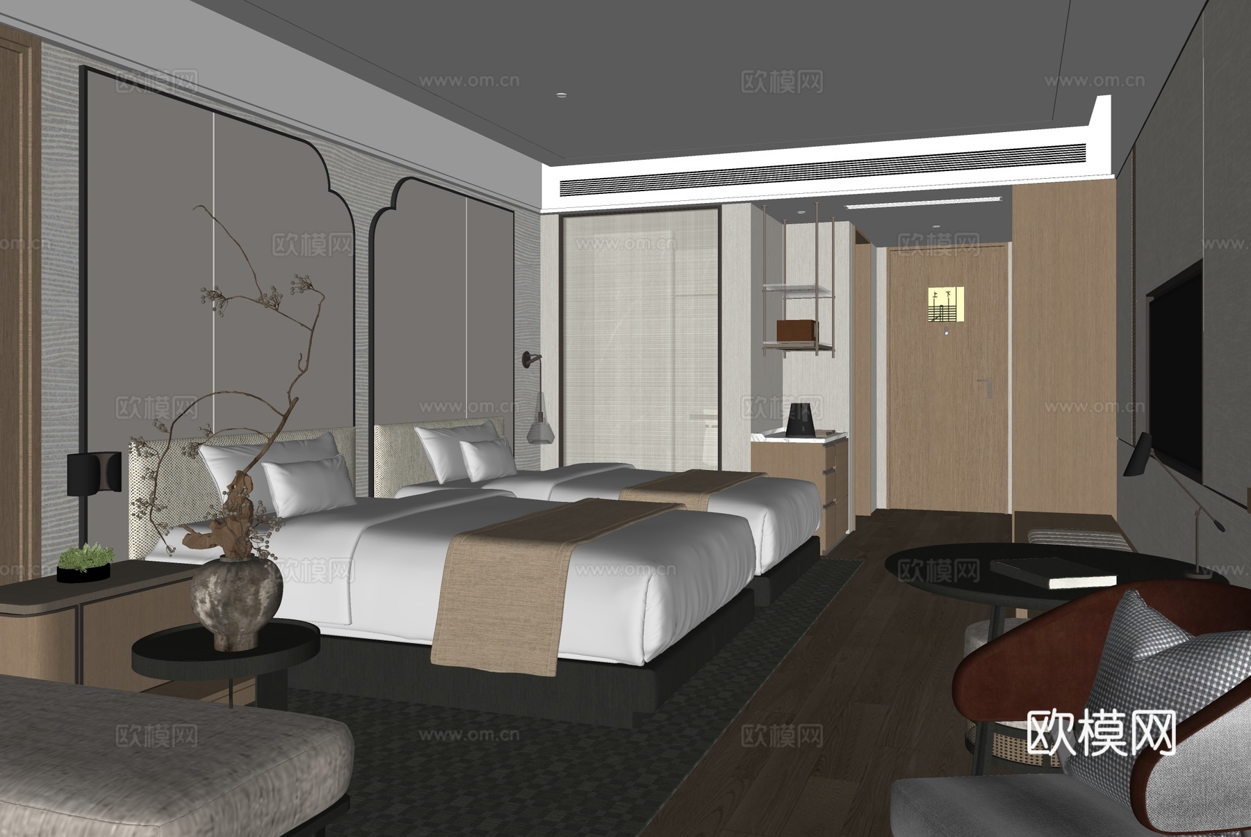 新中式酒店 酒店客房 酒店双人间su模型下载（渲染图2）