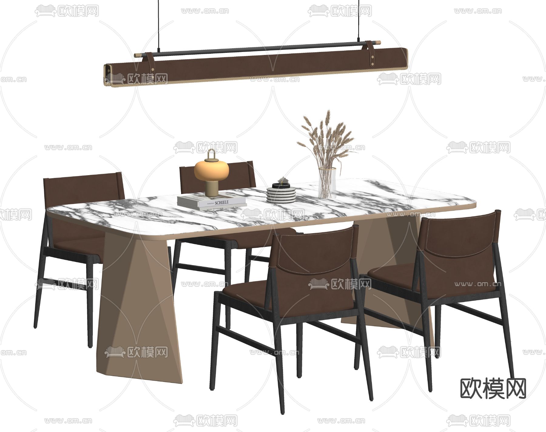 Cassina 大理石条形餐桌椅su模型下载（渲染图2）