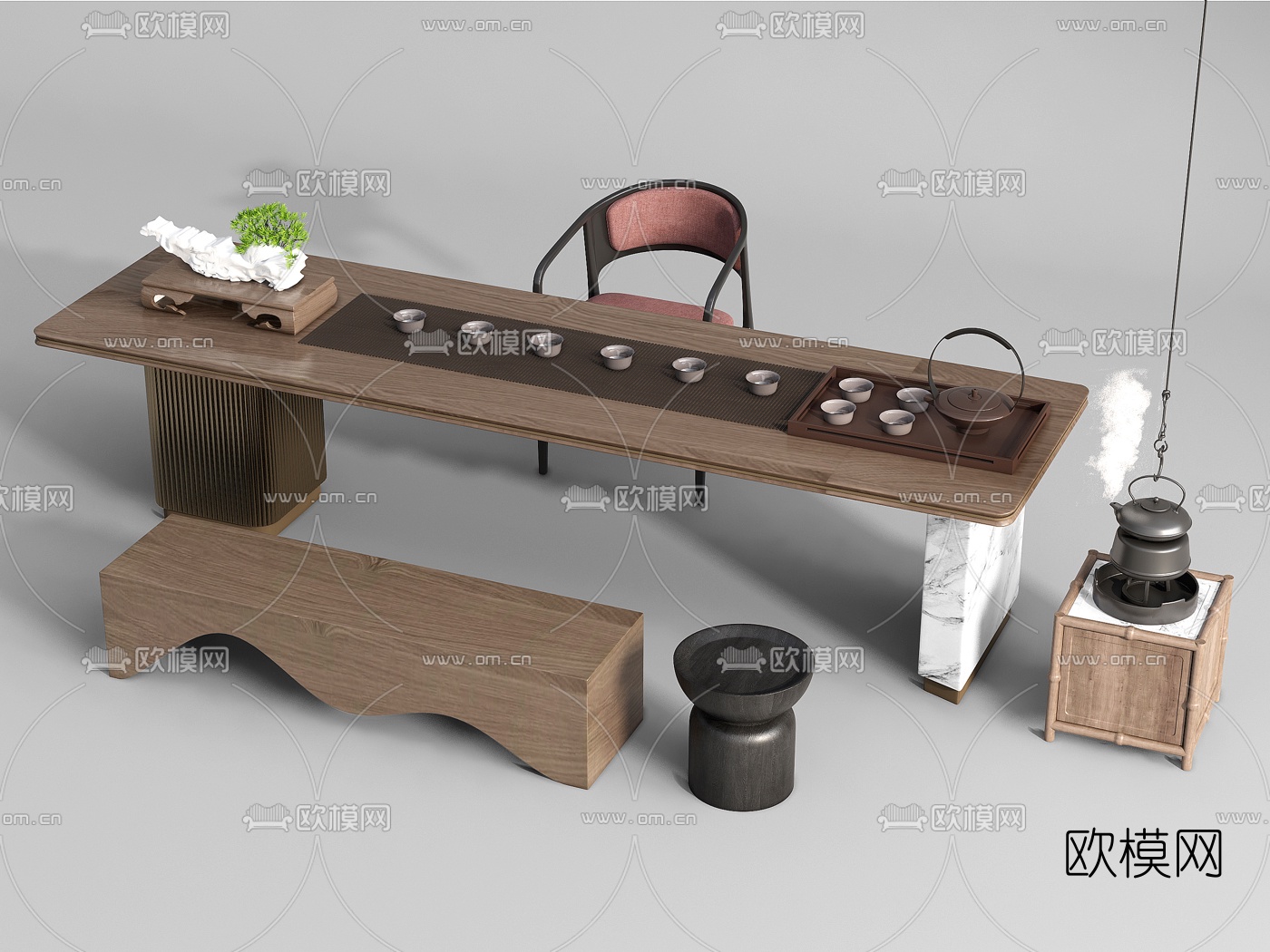 新中式实木茶桌椅su模型