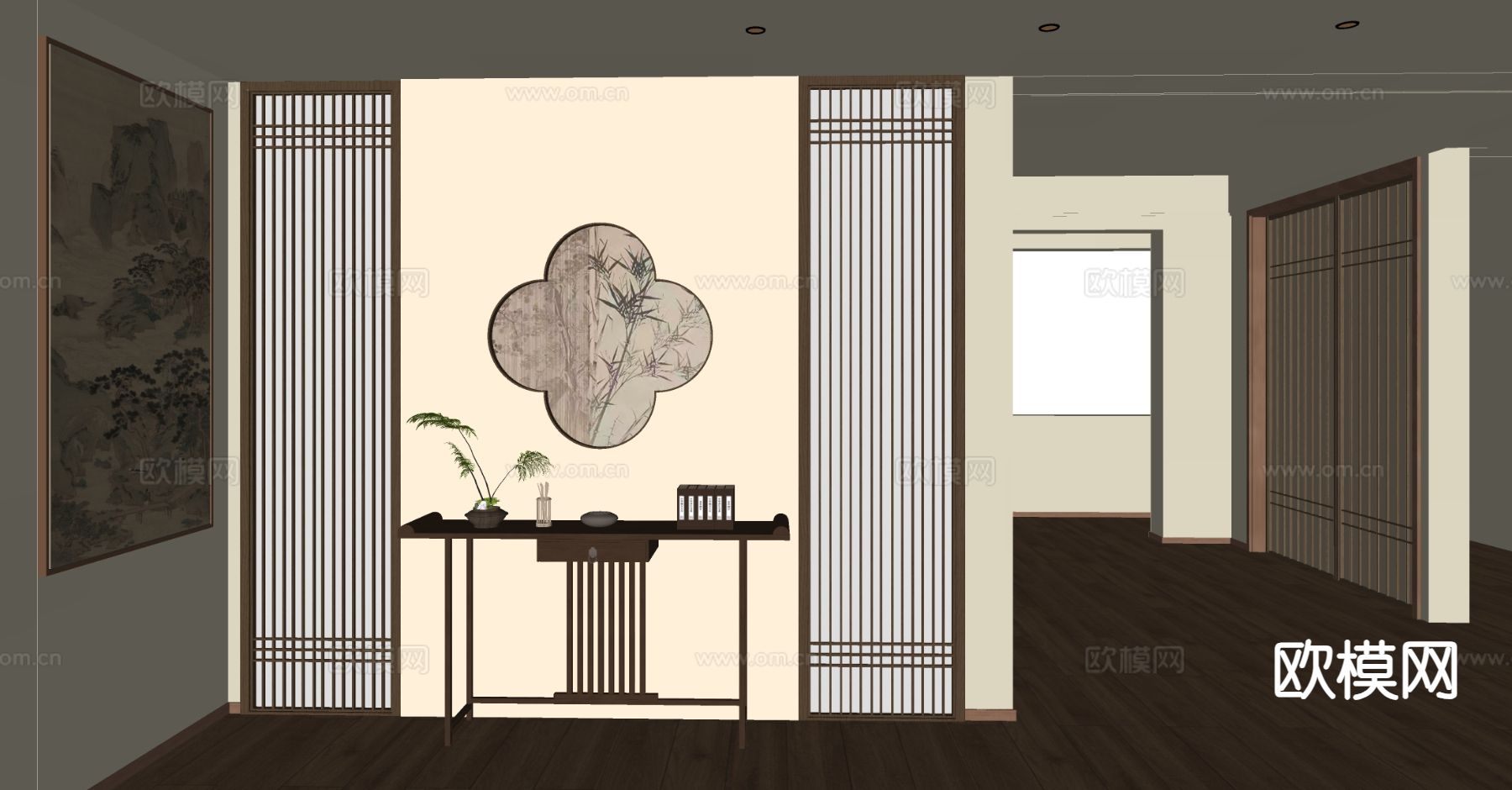 新中式条案 端景柜件su模型下载（渲染图1）