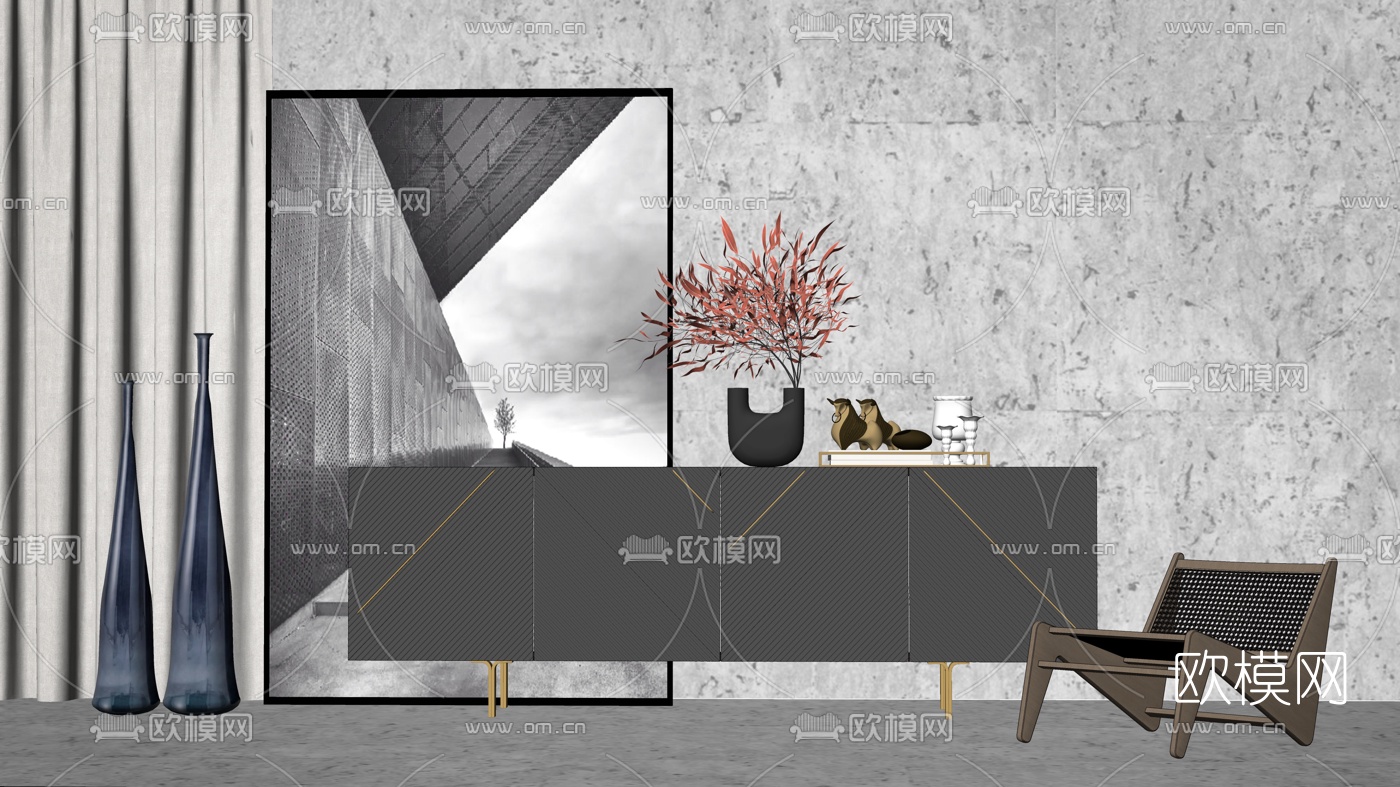 现代轻奢边柜su模型下载（渲染图2）