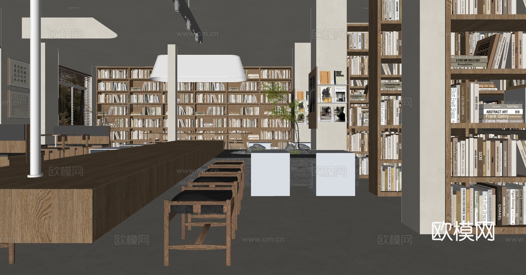 原木风图书室 阅览室su模型下载（渲染图1）