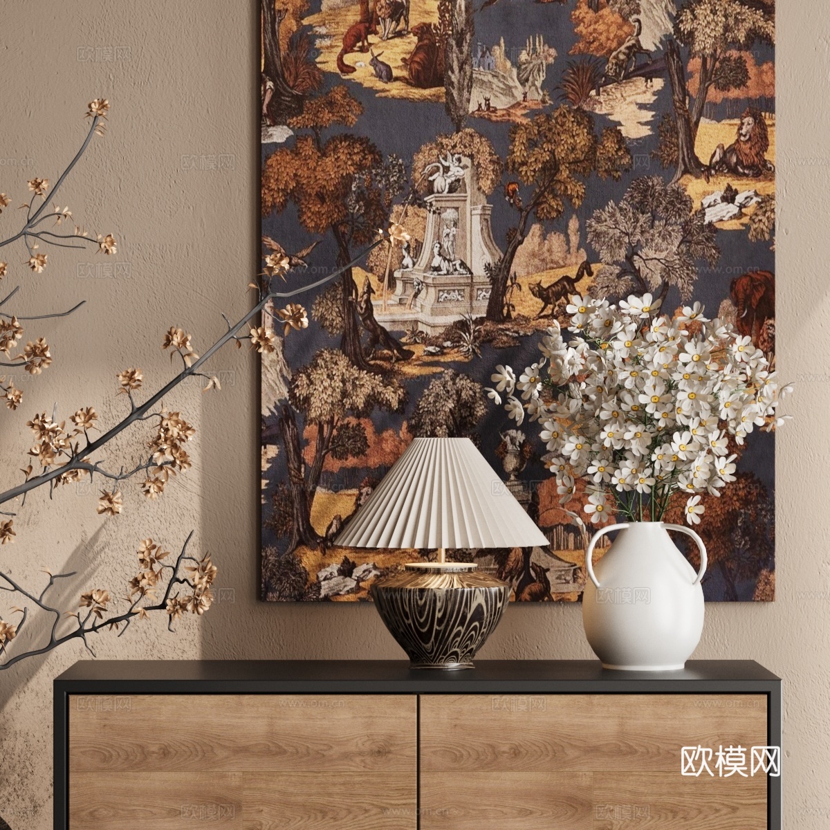 中古风台灯 小雏菊盆栽3d模型下载