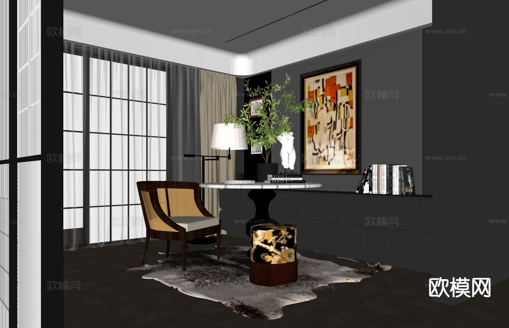 美式复古书房su模型下载（渲染图1）