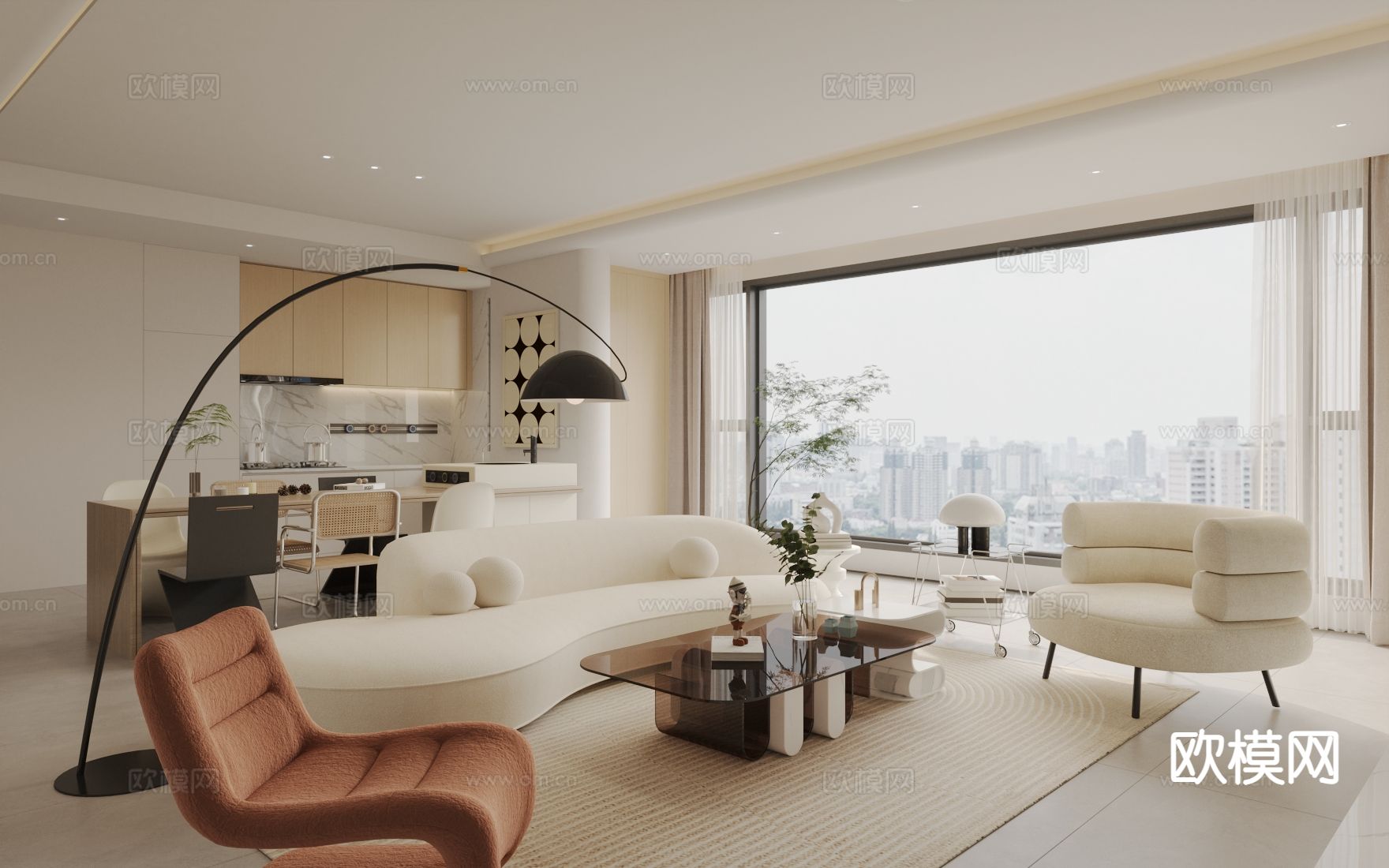 奶油风客餐厅 横厅3d模型下载（渲染图1）