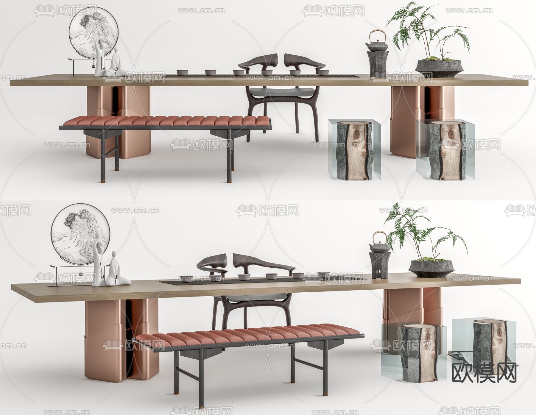 新中式实木茶桌椅su模型下载（渲染图1）