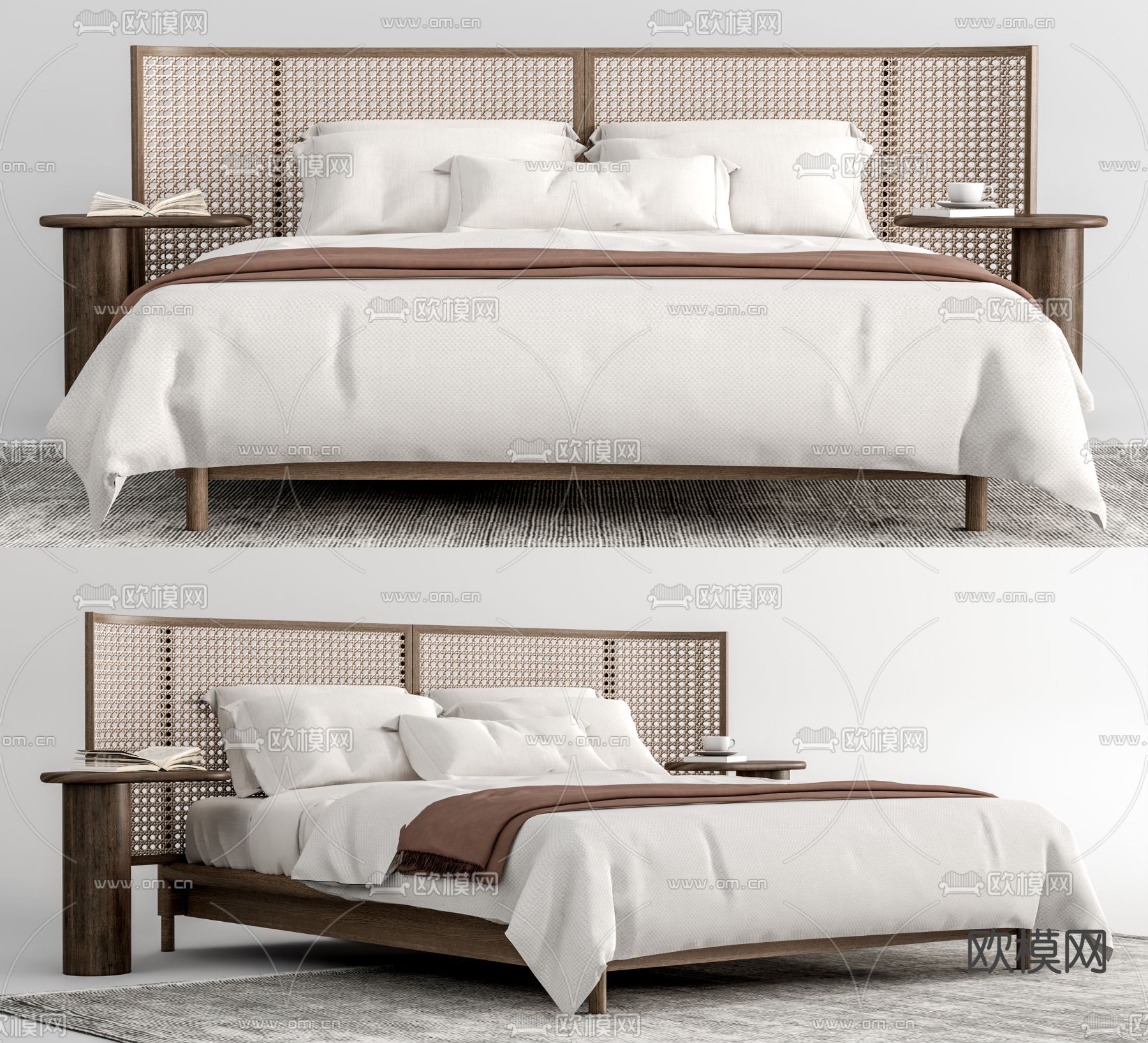 新中式藤编双人床su模型下载（渲染图1）