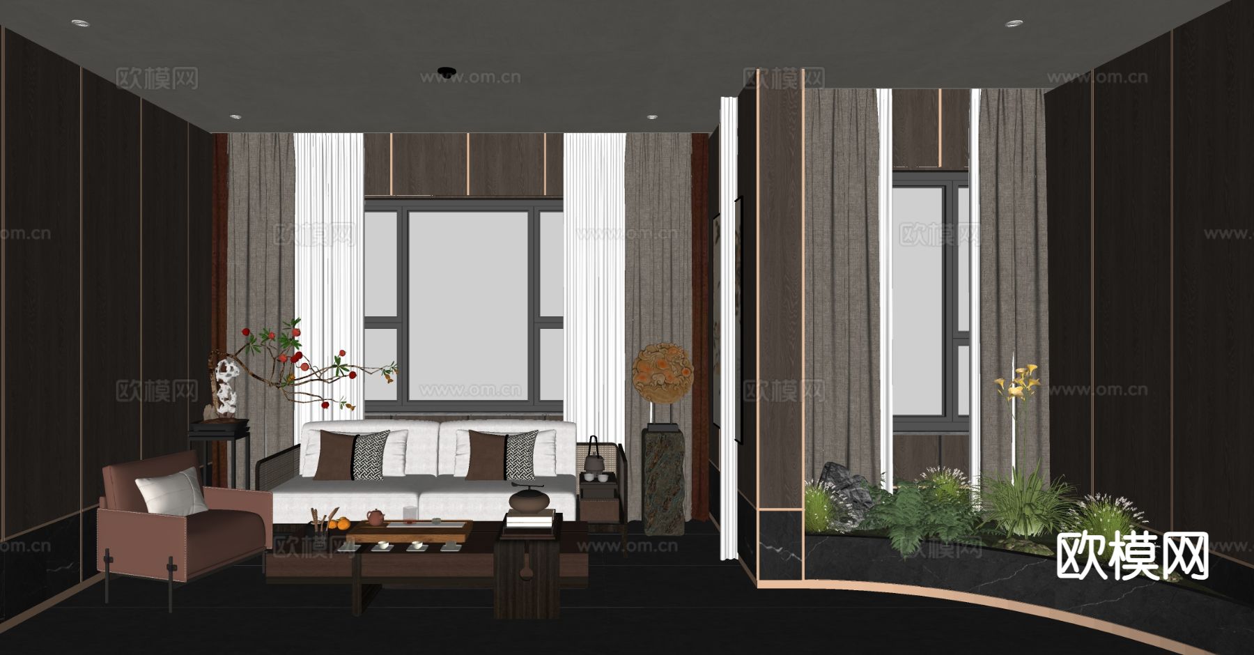新中式接待室 洽谈室su模型下载（渲染图1）