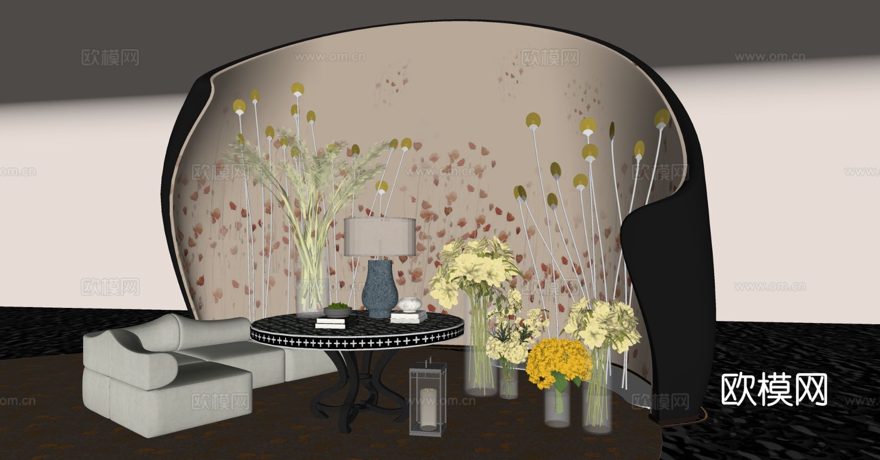 现代休闲沙发 花瓶 花艺su模型下载（渲染图1）
