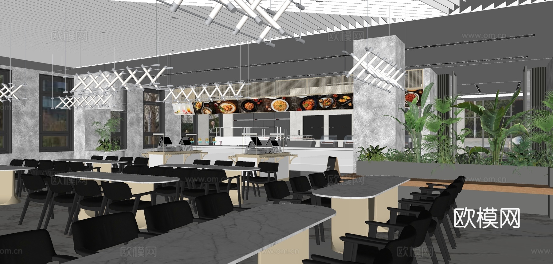 现代公司大食堂 饭堂 自助餐厅su模型下载（渲染图1）