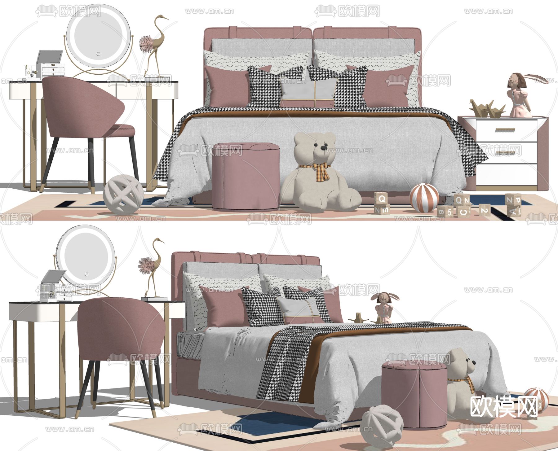 现代儿童床梳妆台su模型下载（渲染图2）