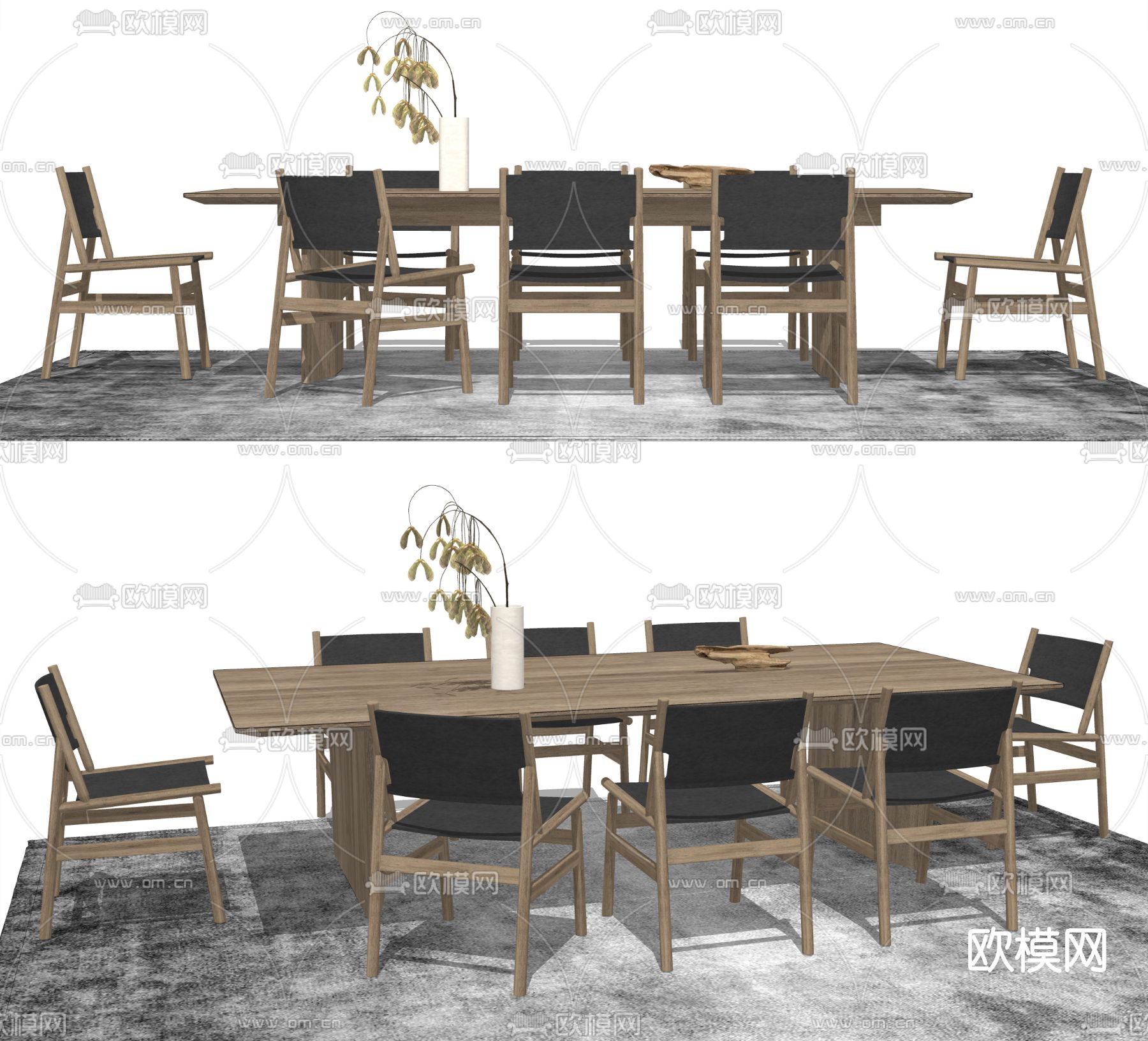 侘寂实木餐桌椅su模型
