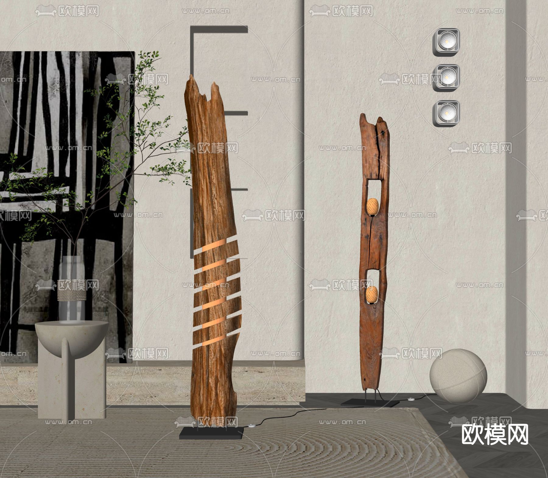侘寂风雕塑落地灯su模型下载（渲染图2）