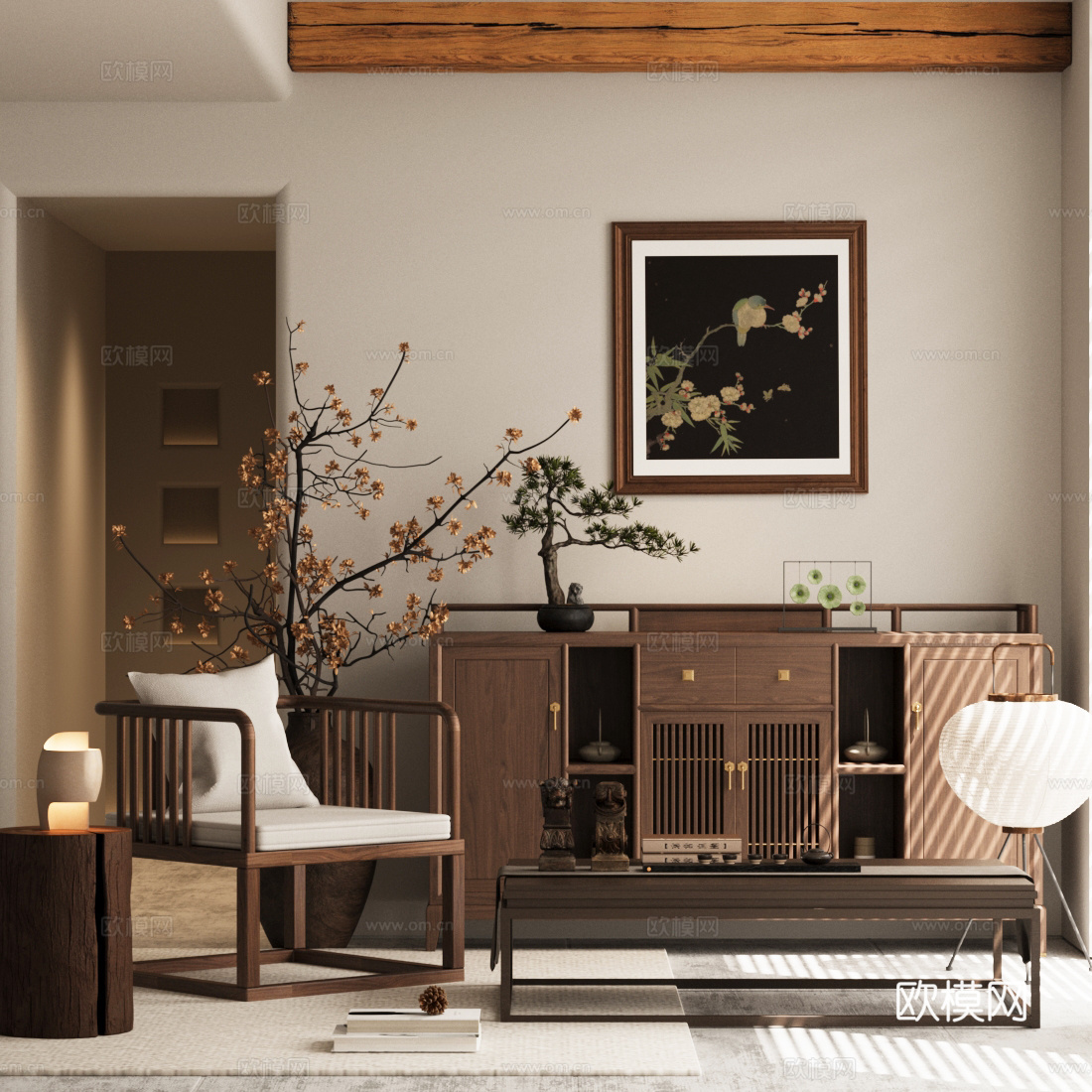 新中式斗柜 休闲椅 干花盆栽 实木茶几 边几角几su模型下载（渲染图1）
