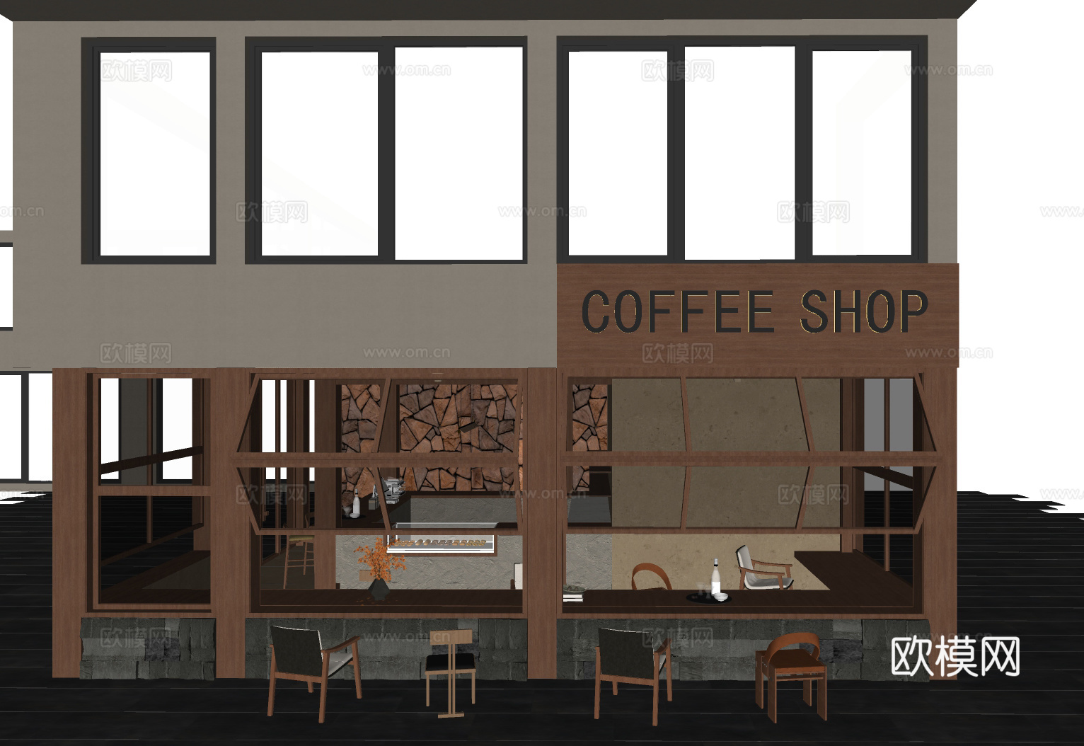 原木风咖啡厅su模型下载（渲染图1）