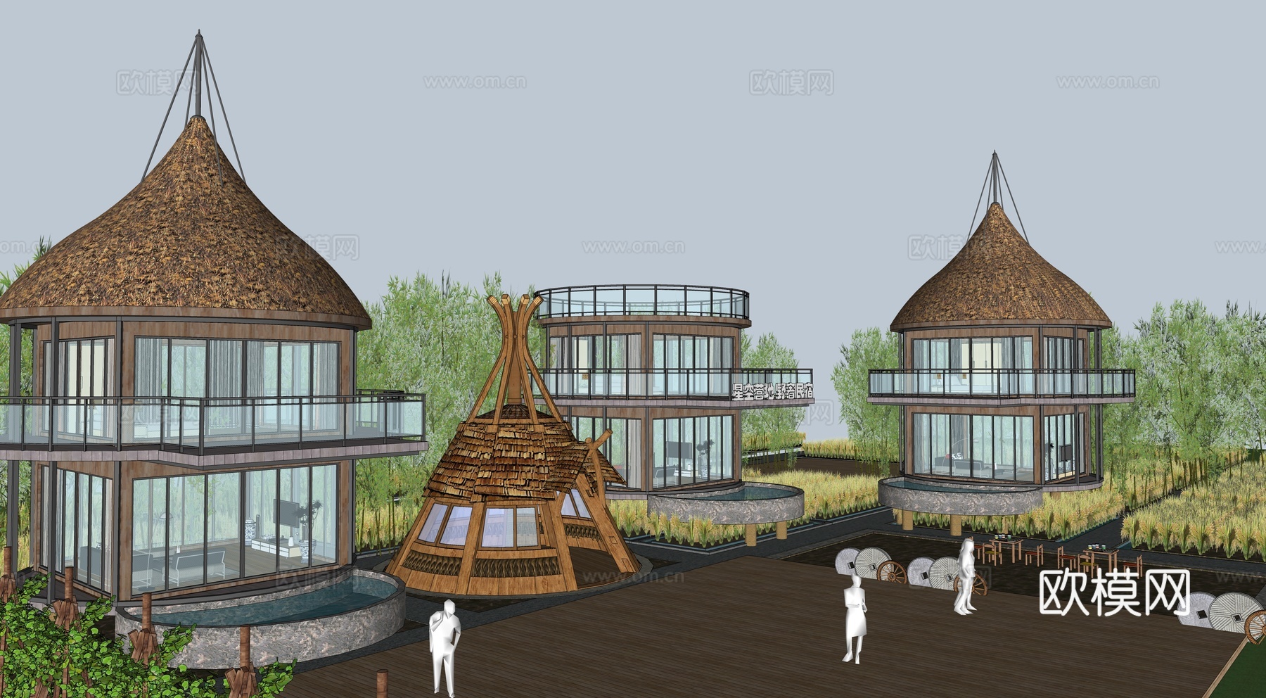 现代乡村民宿建筑 钢架结构餐厅 园林火锅 木屋建筑 茅草屋su模型