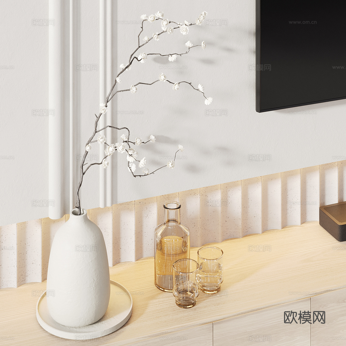 现代奶油风电视背景墙3d模型