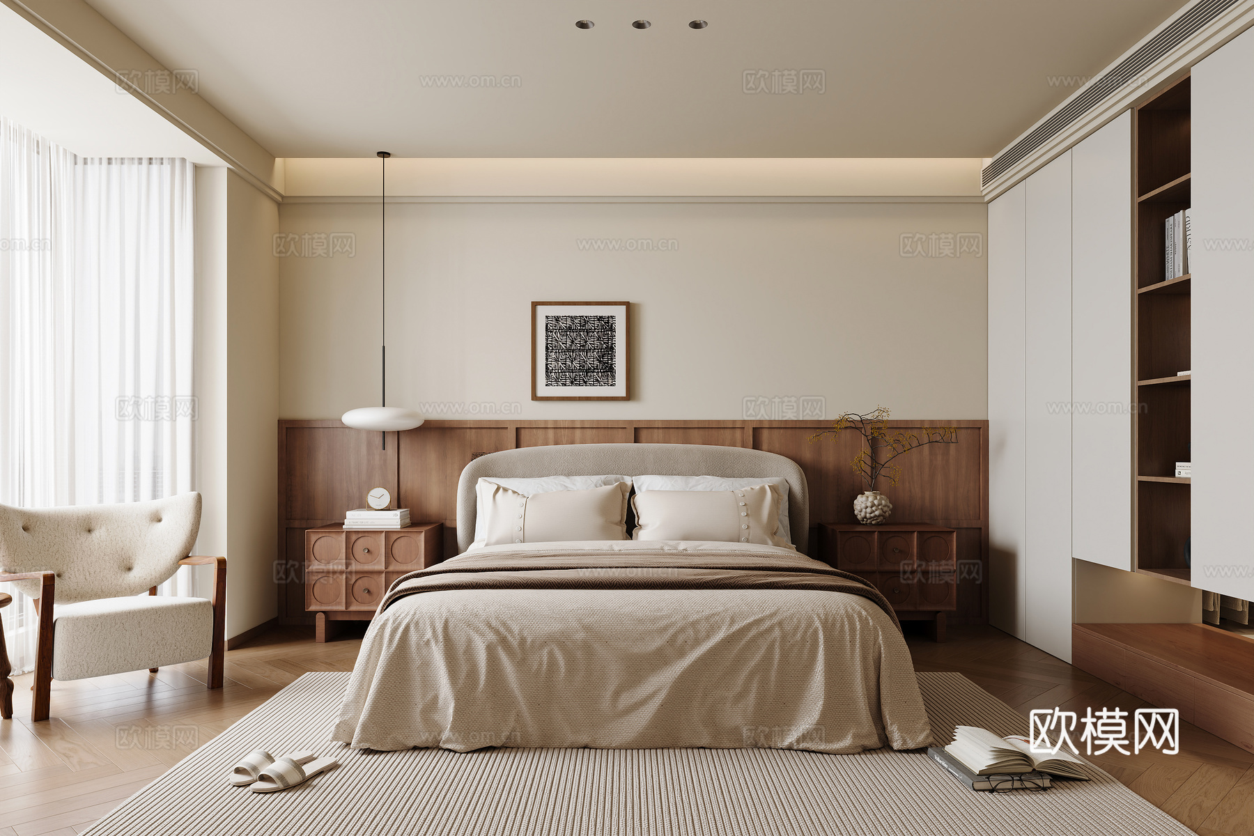 中古卧室中古双人床中古床头柜床头小吊灯中古单人沙发悬空衣柜su模型
