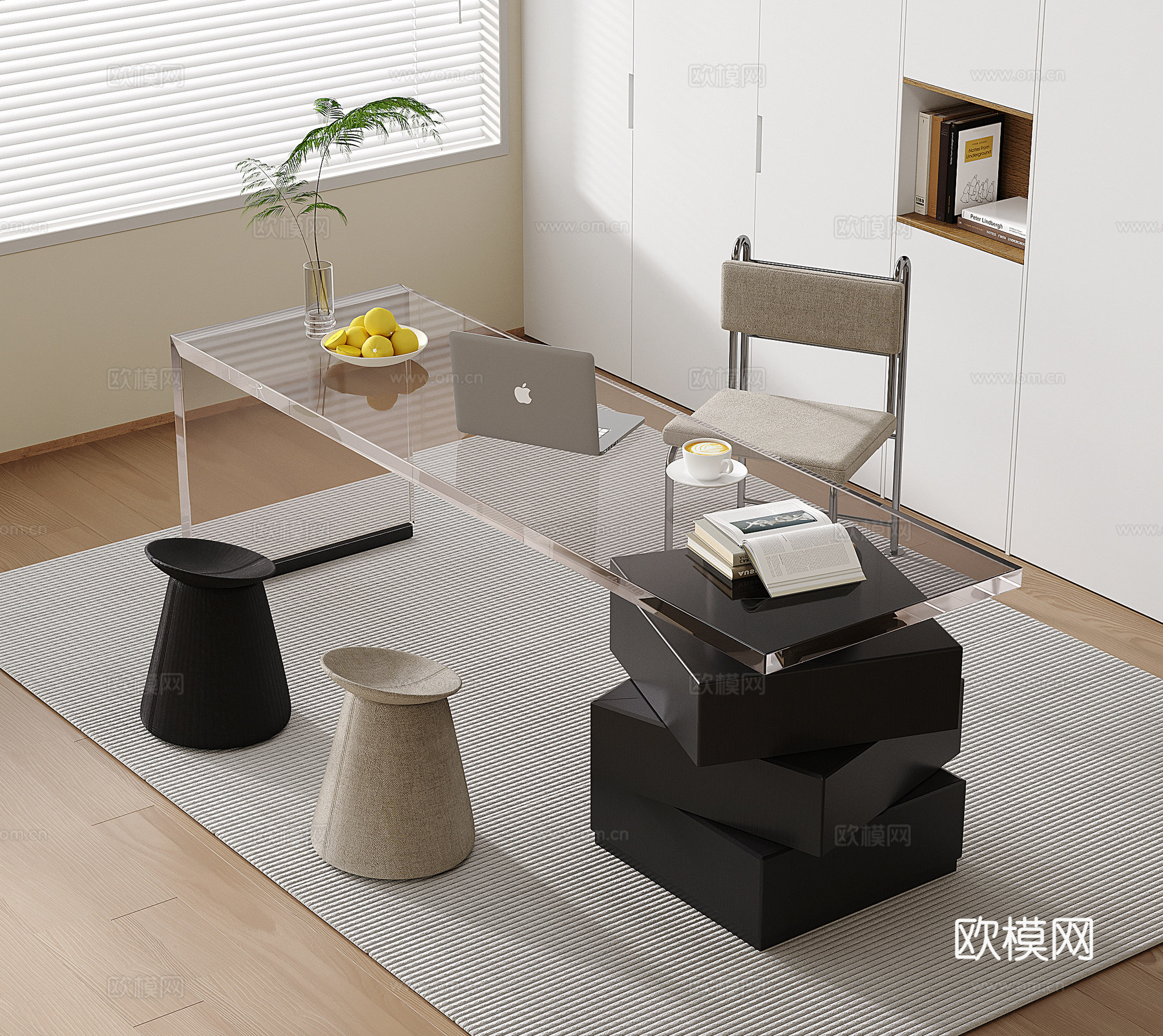 现代书桌椅 书桌 亚克力 透明 单椅3d模型
