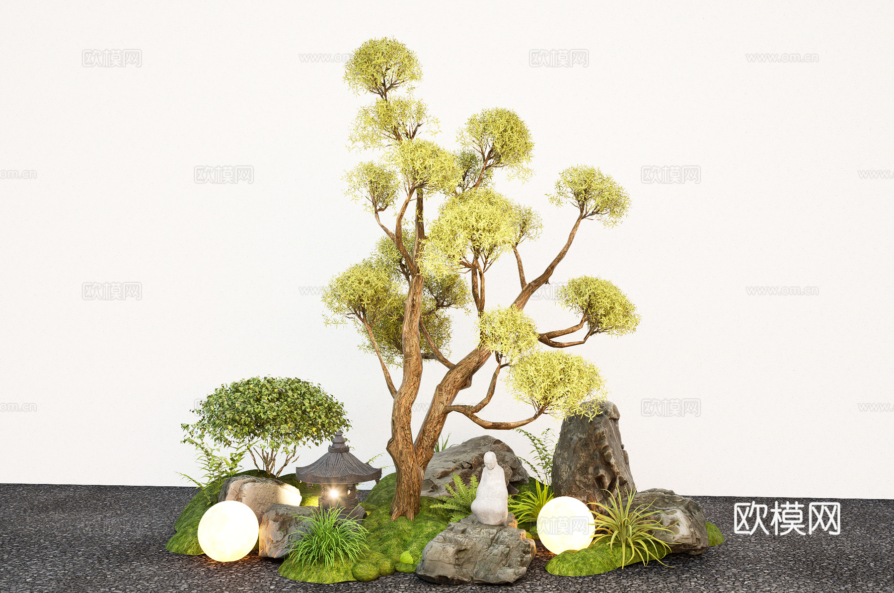 新中式庭院小品 多头造型乔木 景观灯 石头植物绿植su模型