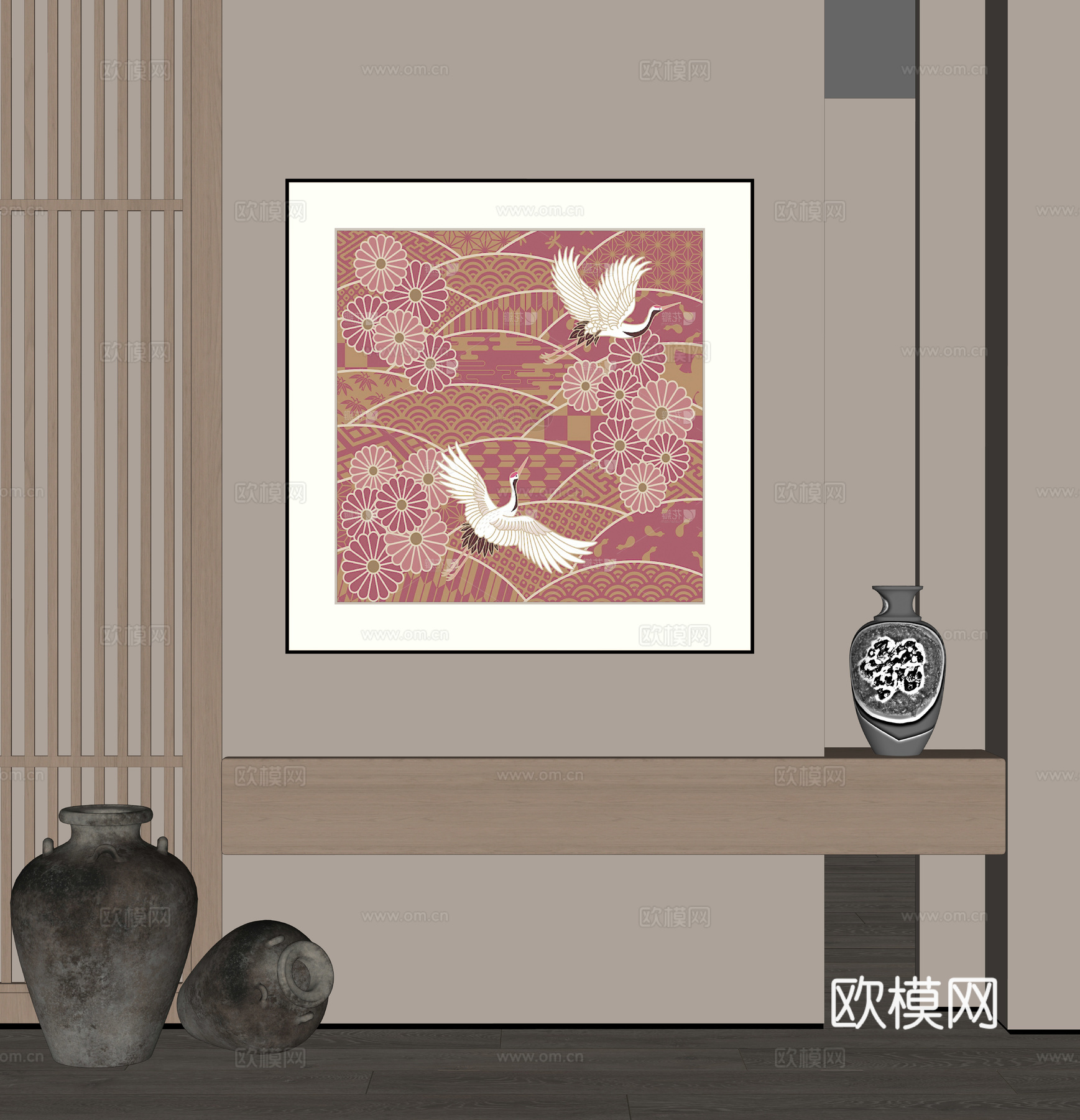 中古风装饰挂画 陶瓷摆件su模型