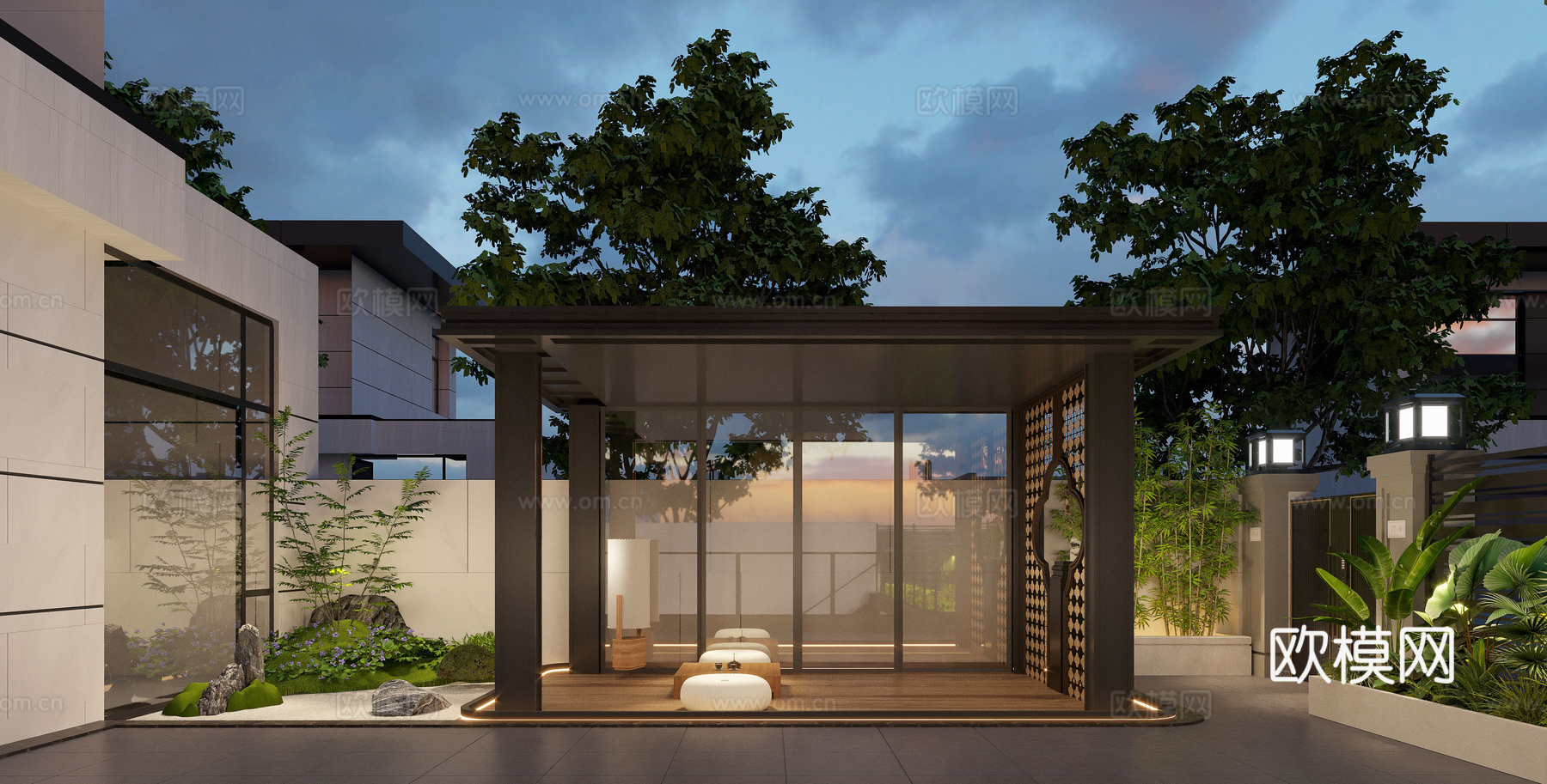 新中式庭院 阳光房 茶室 别墅花园 院子 步汀 绿植 石头3d模型