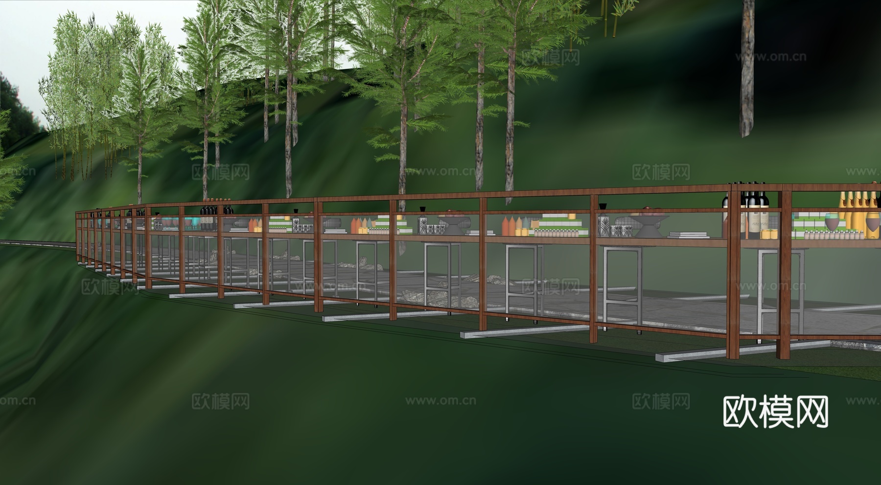 现代悬崖玻璃栈道 悬崖咖啡厅 生态观光平台 巡山休闲步道su模型