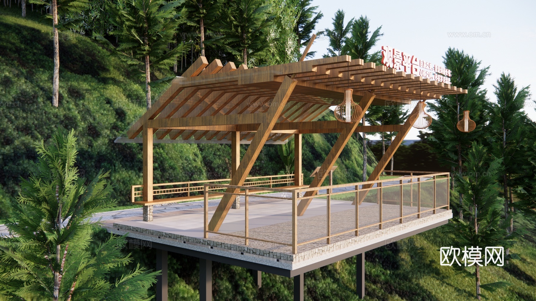 现代悬崖观景平台 生态观光平台 架空木平台 网红秋千 科普教su模型