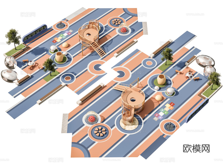 现代口袋公园 景观公园体育公园 儿童游乐场地 城市运动公园su模型下载(渲染图1)