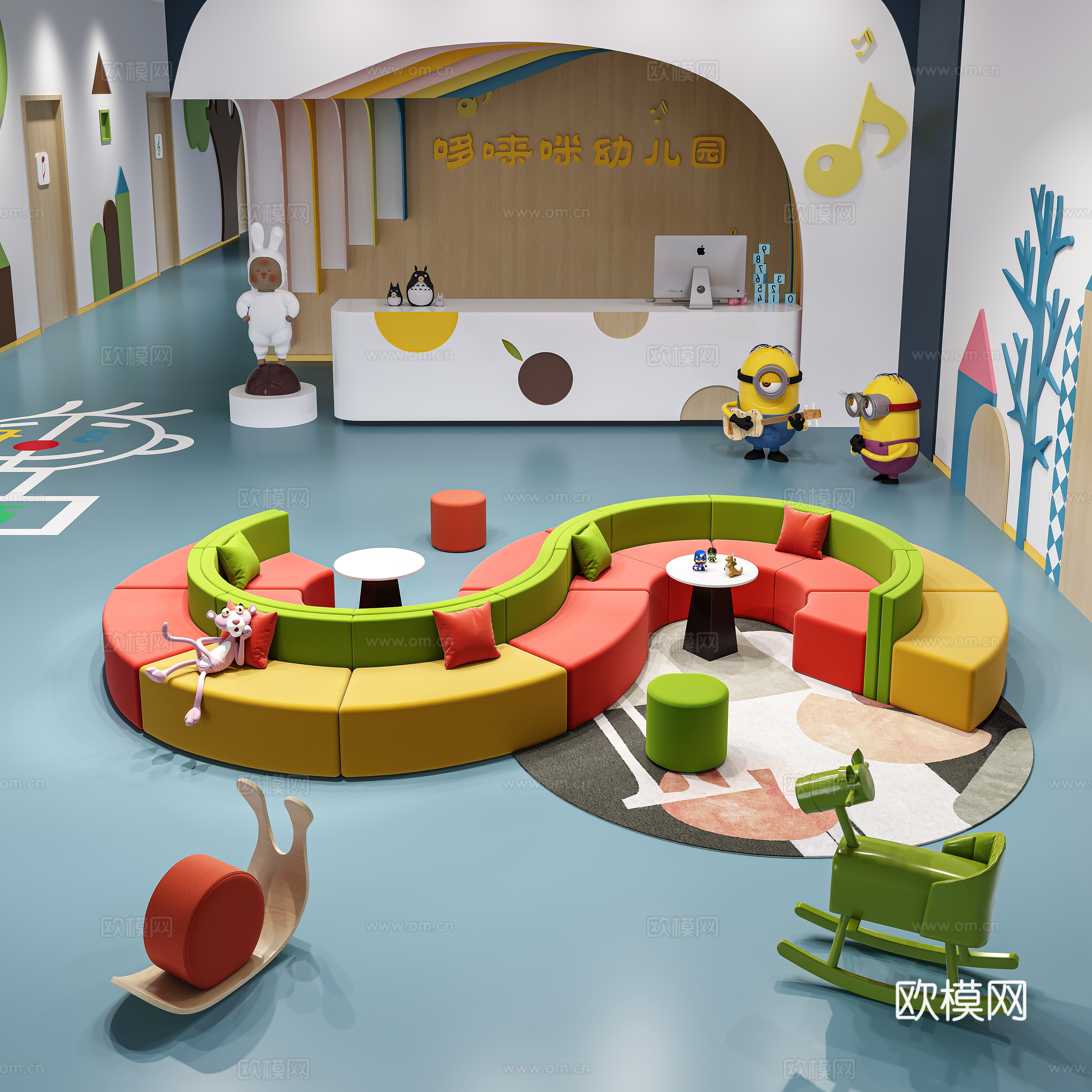 现代幼儿园大厅 儿童卡座沙发 幼儿园教室 异形多人沙发su模型