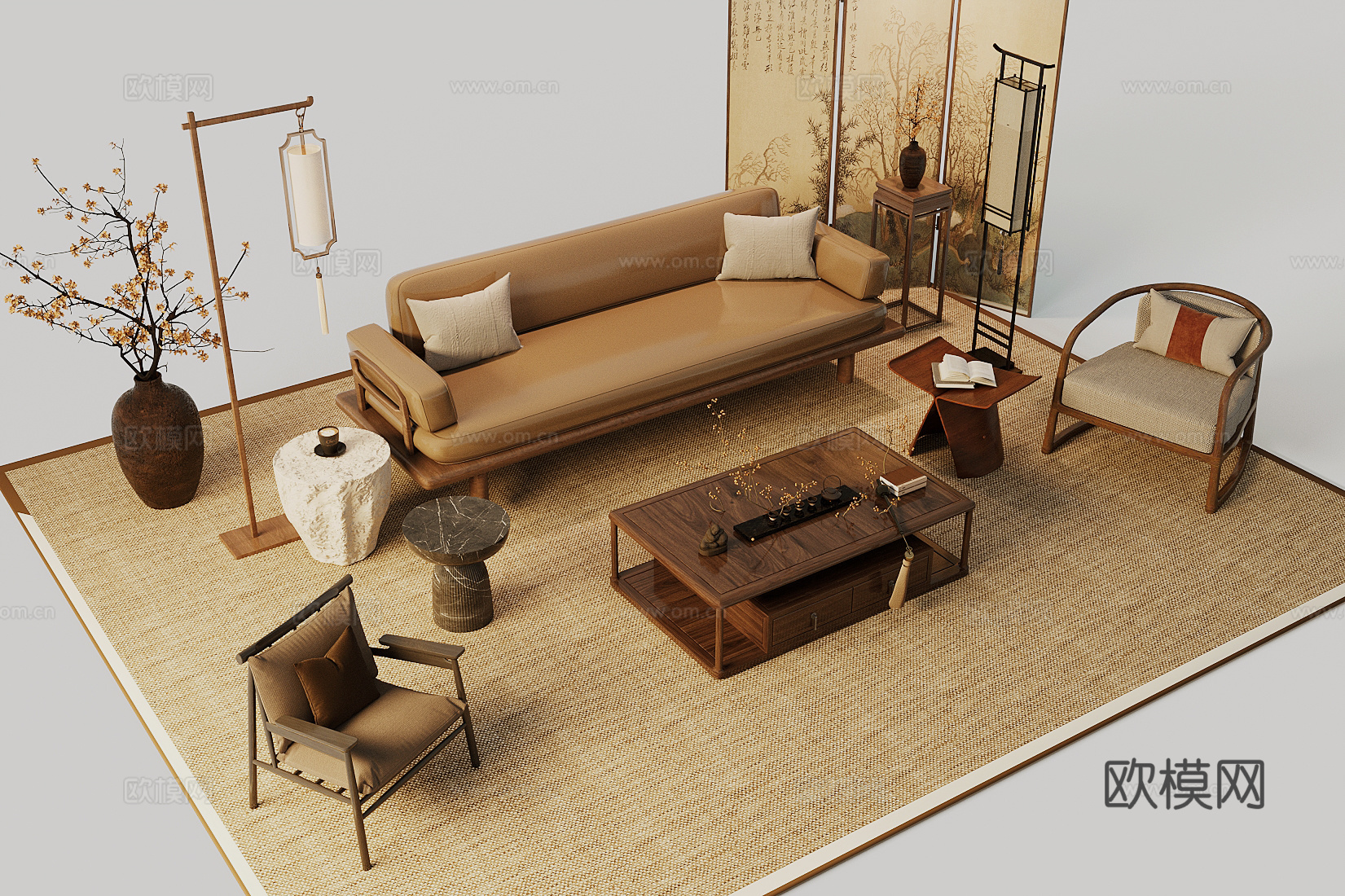 新中式禅意太师椅 新中式端景博古架 新中式置物架 中式休闲椅3d模型