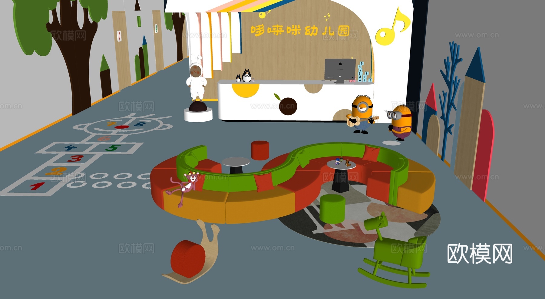 现代幼儿园大厅 儿童卡座沙发 幼儿园教室 异形多人沙发su模型