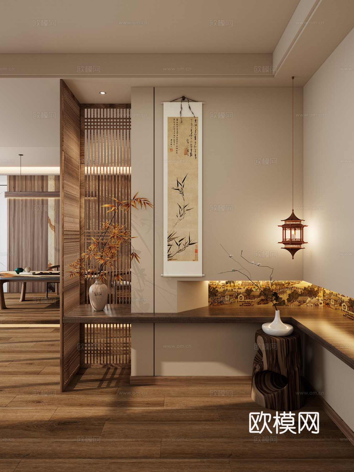 宋式 实木格栅 禅意 壁龛 端景 隔断 地台 茶桌 玄关3d模型