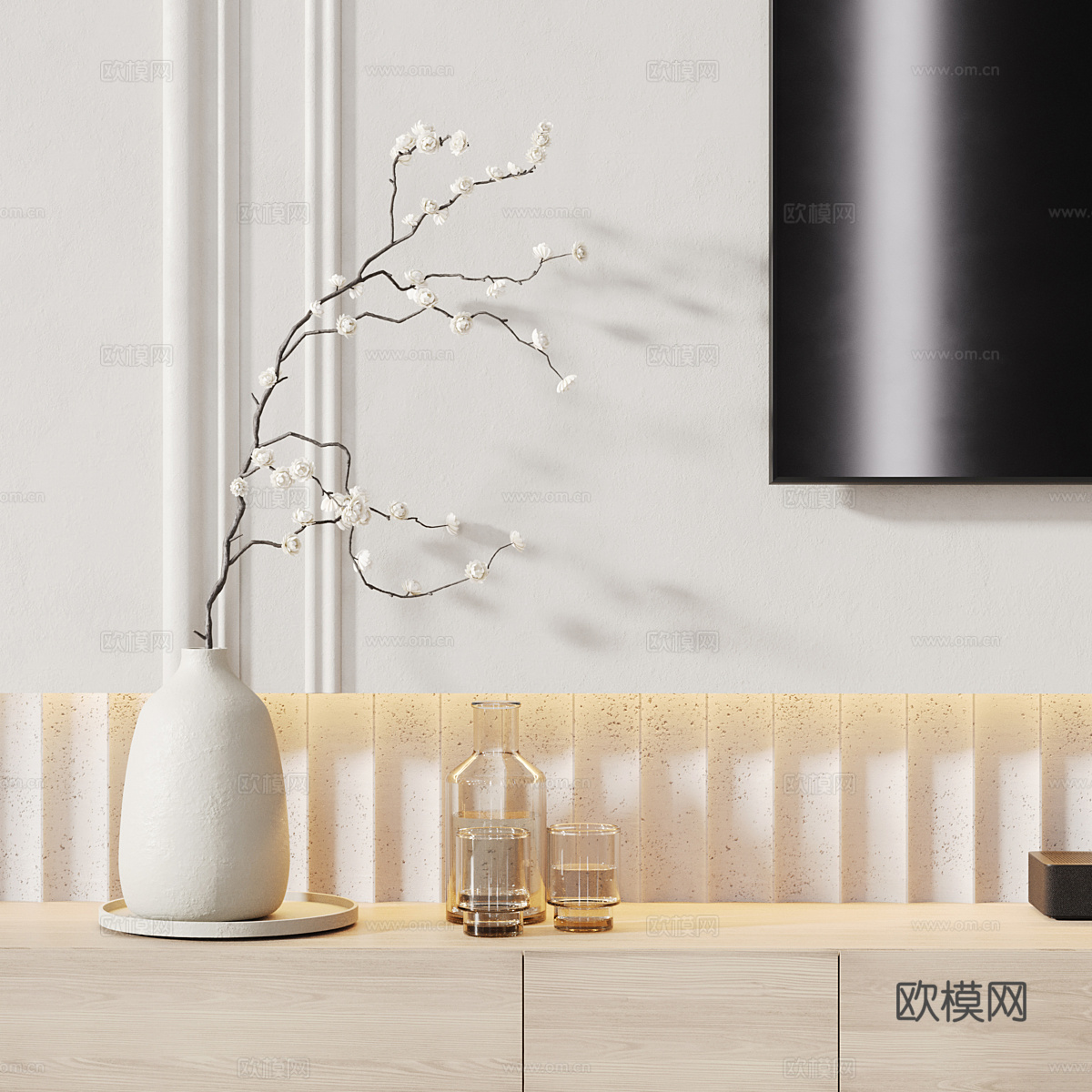现代奶油风电视背景墙3d模型