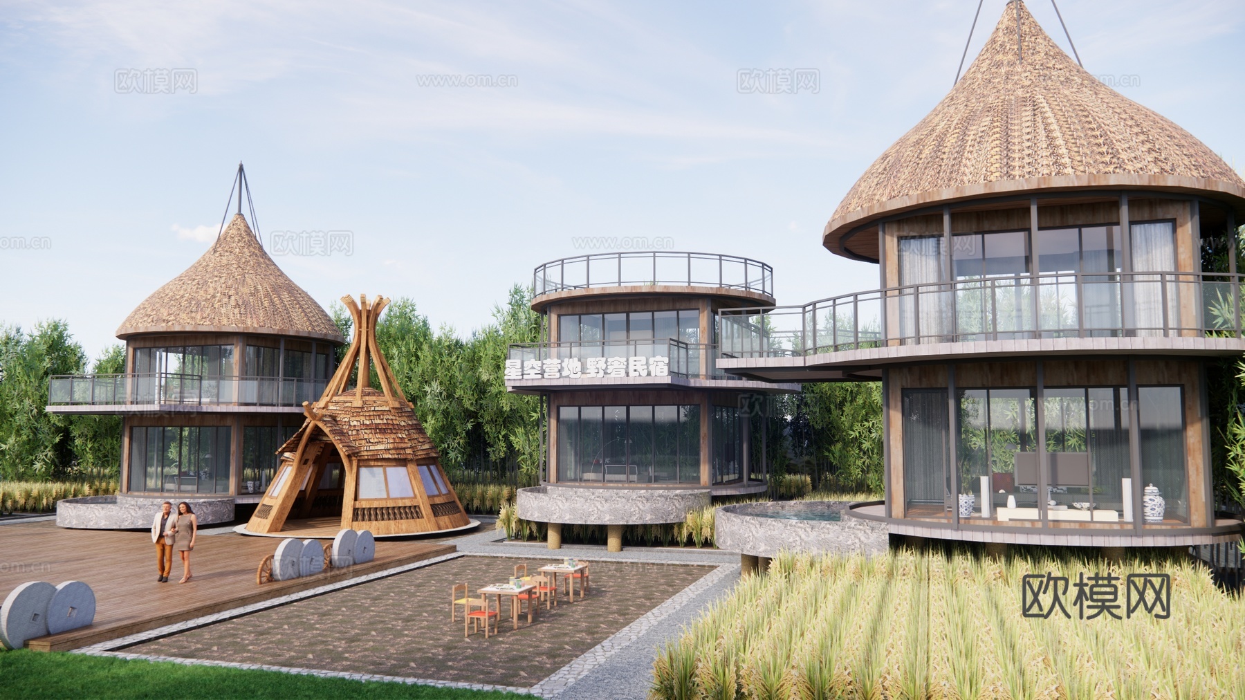 现代乡村民宿建筑 钢架结构餐厅 园林火锅 木屋建筑 茅草屋su模型