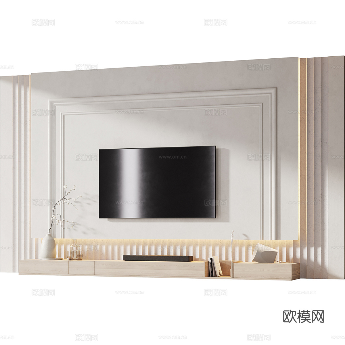 现代奶油风电视背景墙3d模型